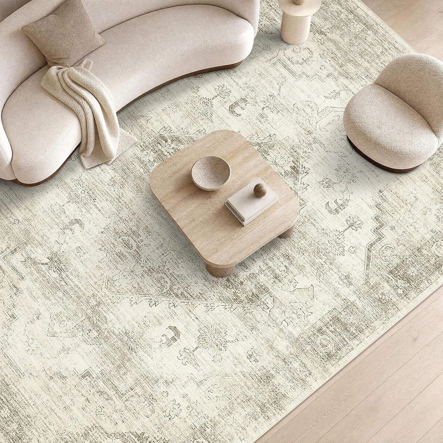 Garvee Beige 8x10 Area Rugs for Living Room, Boho Vintage Non-Slip Washable Rug Low Pile Stain Resistant Soft Foldable Large Carpet for Bedroom Dining Home Decor