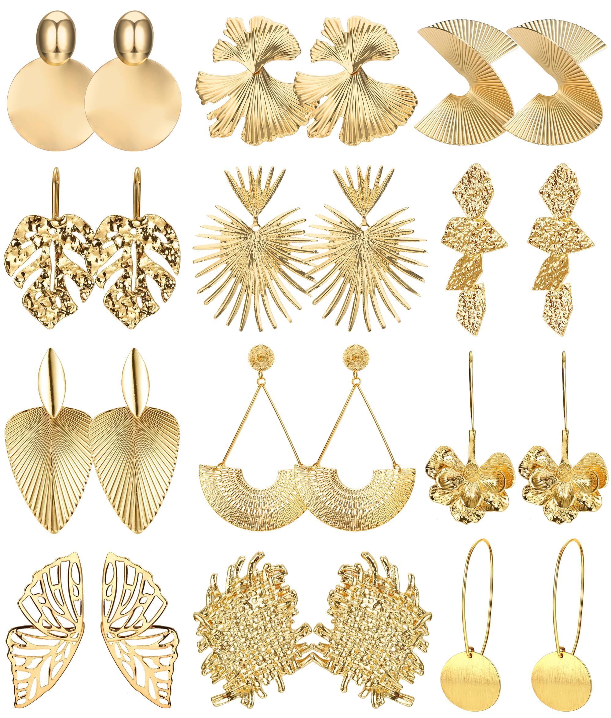 Morfetto12 Pares de Pendientes Llamativos Dorados para Mujer, Pendientes Exagerados Geométricos Dorados Grandes, Pendientes Colgantes de Disco Trenzado, Joyería para Mujeres y Niñas
