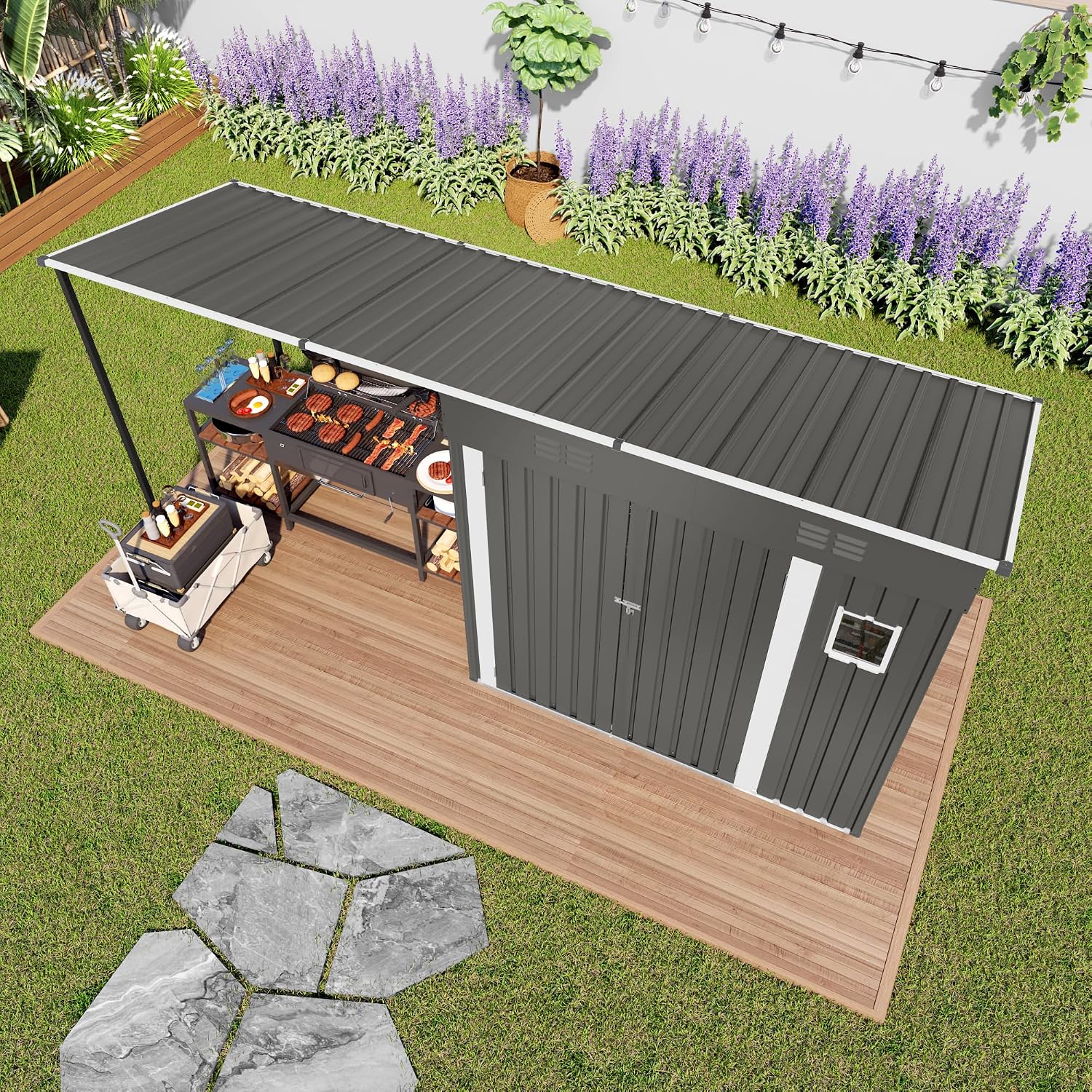 12x4FT Metal Lean-to Shed with Open-Sided Pergola, 4'x6' Outdoor Storage Shed & 6'x4' Hardtop Gazebo Combo, 2-in-1 Garden Storage Tool Shed for Patio, Backyard, Outdoor Organization Structure