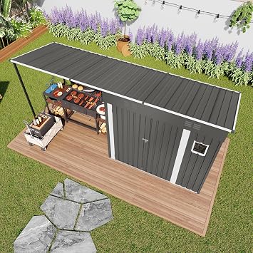 12x4FT Metal Lean-to Shed with Open-Sided Pergola, 4'x6' Outdoor Storage Shed & 6'x4' Hardtop Gazebo Combo, 2-in-1 Garden Storage Tool Shed for Patio, Backyard, Outdoor Organization Structure