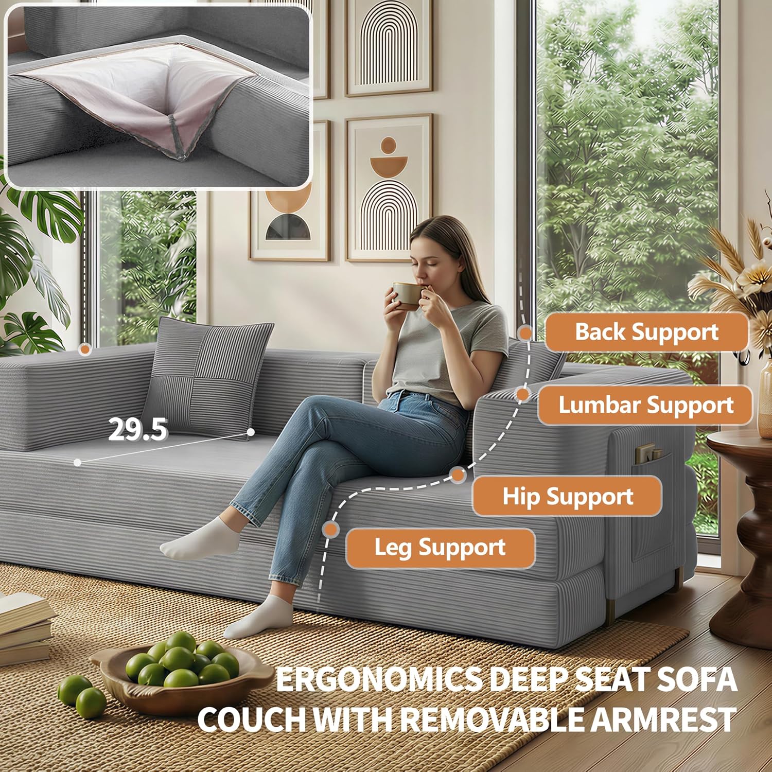 78.8" Convertible Sofa Bed with Armrest Pillow, 4-in-1 Sleeper Couch Bed for Livingroom, Modular Corduroy Boneless couches, No Assembly (Grey)