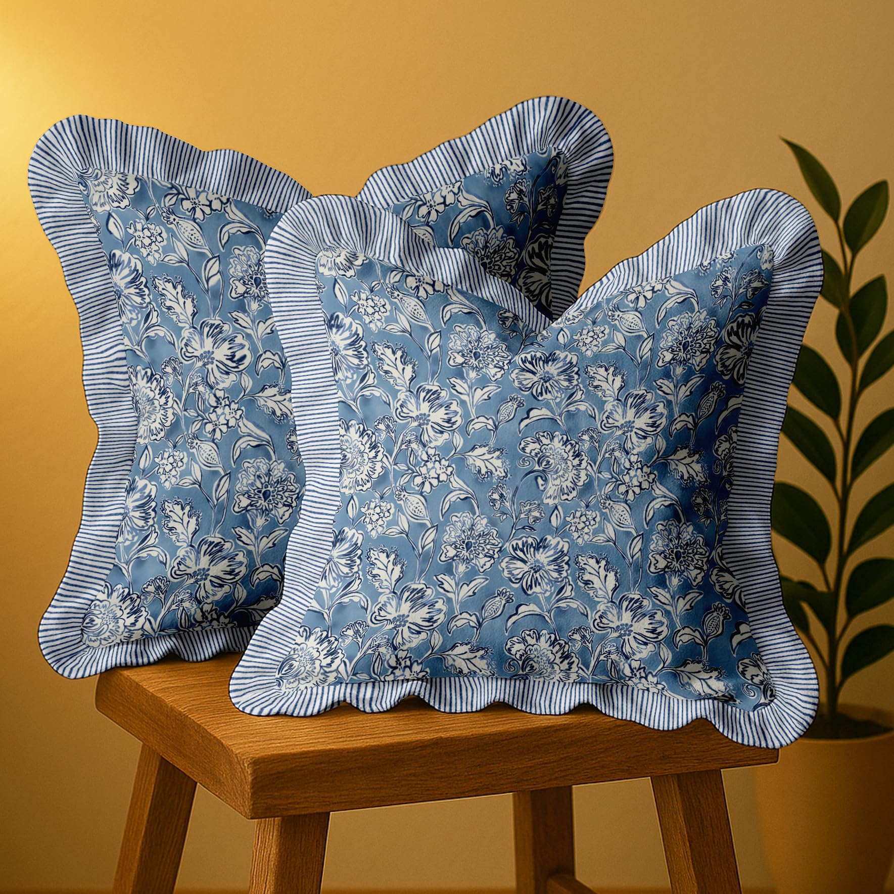 Vargottam 16x16 Cotton Cushion Covers Set of 2 - Double-Sided Printed Frill Pillow Covers with Zipper, Floral Print, Farmhouse Style, 100% Cotton Twill, No Filler