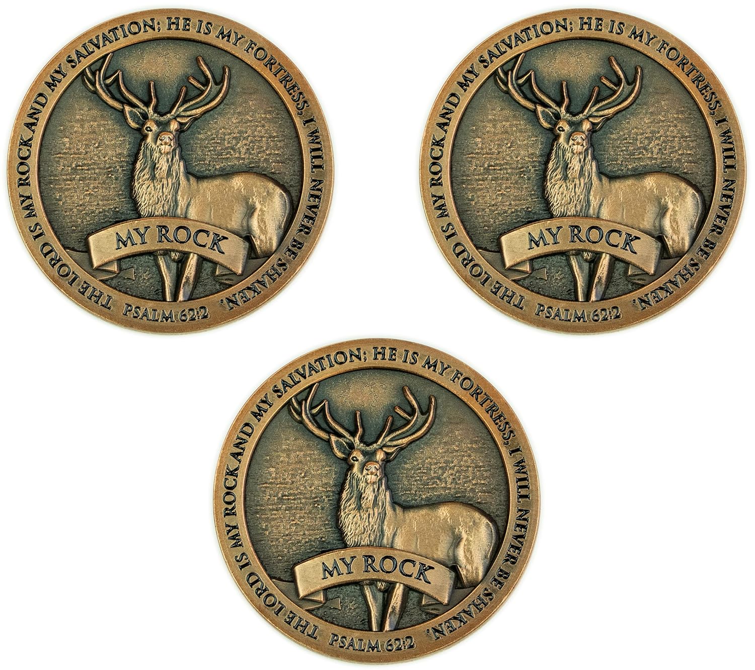 Wildlife Challenge Coin, Bulk Pack of 10 American Elk Deer Nature Coins, Religious Pocket Token for Hunters & Collectors, The Lord is My Rock & Salvation, Psalm 62:2 Antique Gold-Color Novelty Gift