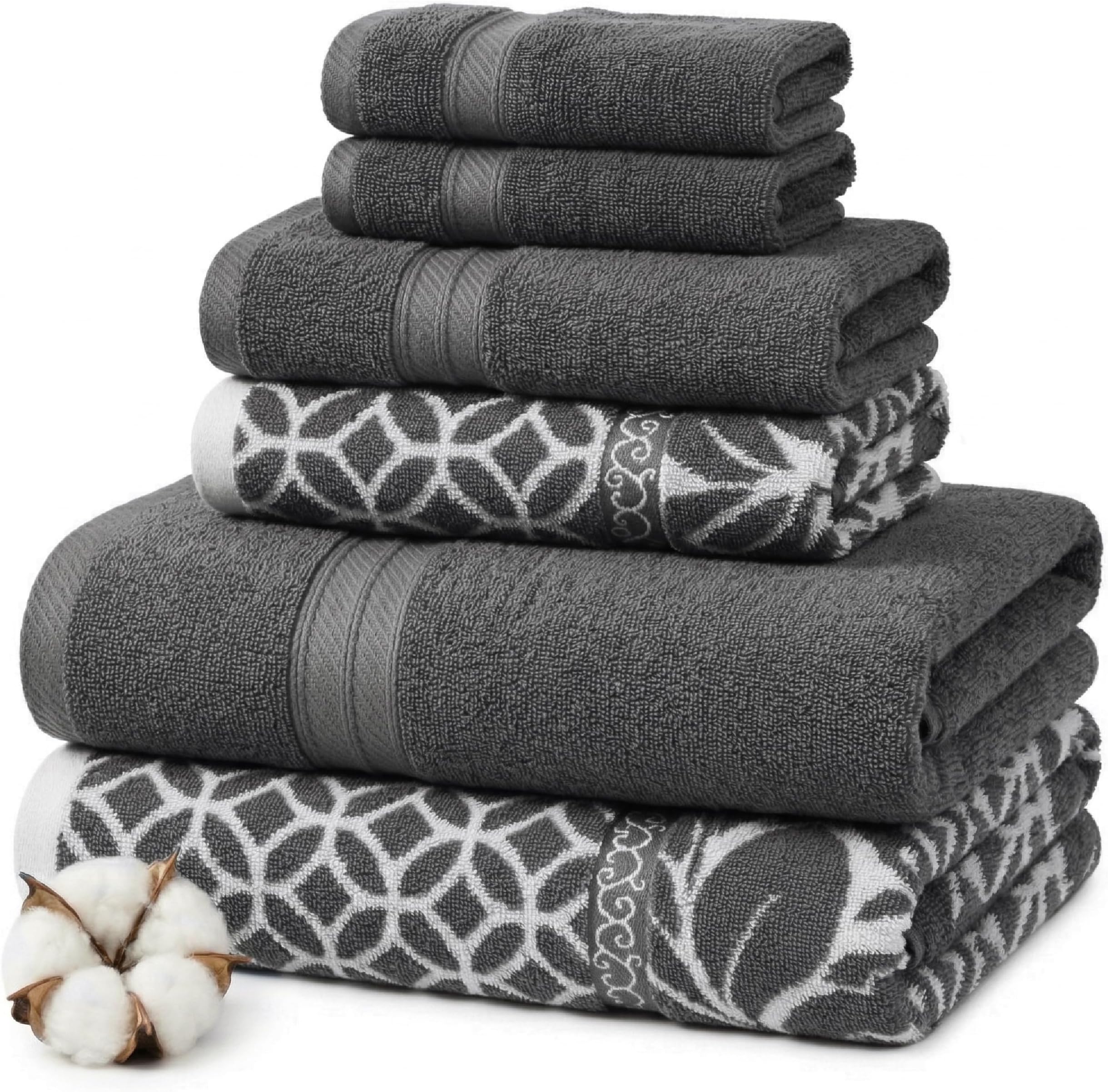 Botanical Vine 6-Piece 100% Cotton Towel Set – Reversible Yarn Dyed Jacquard – Includes 2 Bath Towels, 2 Hand Towels, 2 Washcloths – Absorbent, Quick Dry, Soft & Durable – Gray