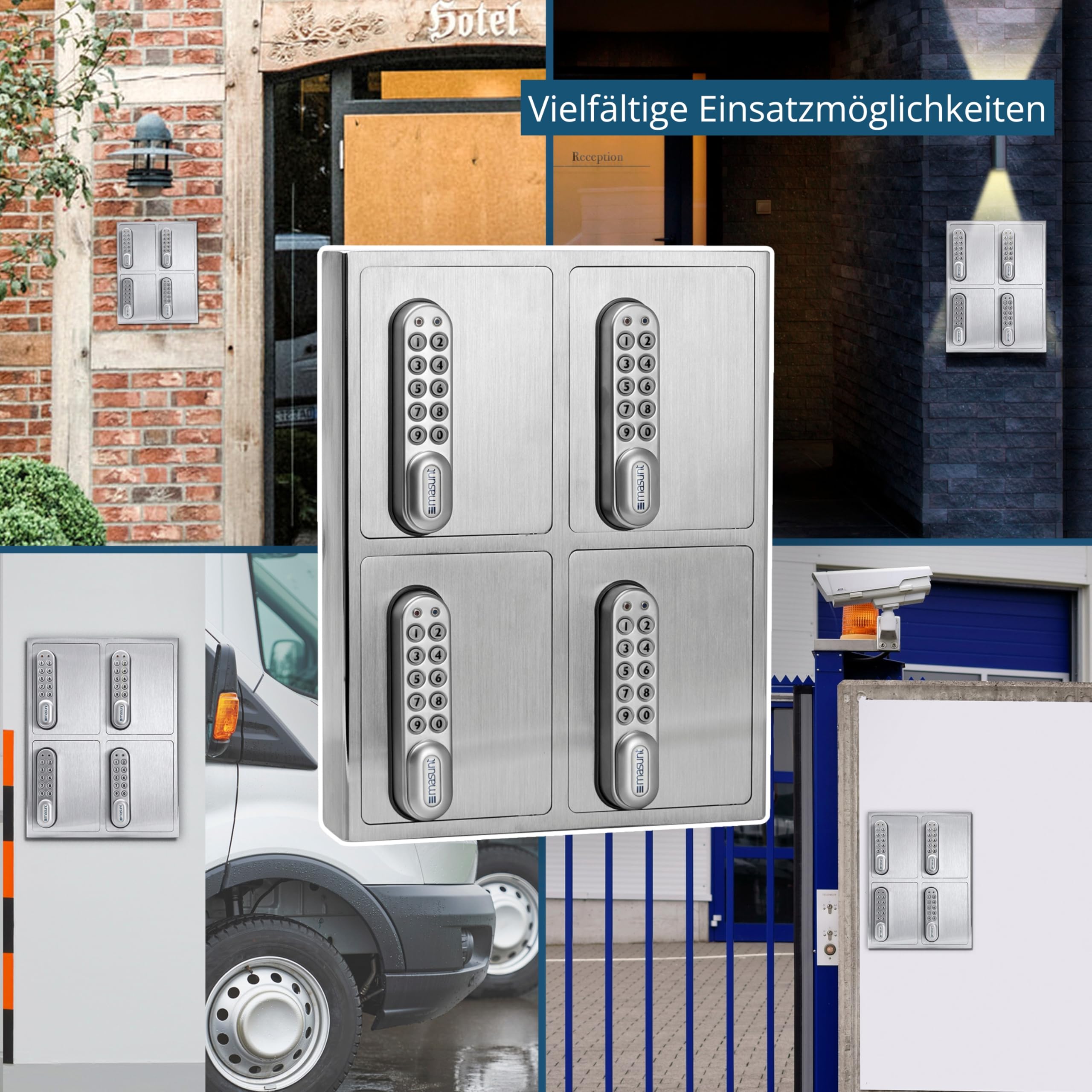 masunt Schlüsselsafe 1440 E Code | innovative Online-Codevergabe aus der Ferne | digitaler Schlüsseltresor aus massivem V4A Edelstahl | 4 Fächer | Aufbruch-sicher | korrosionsbeständig für Seeklima