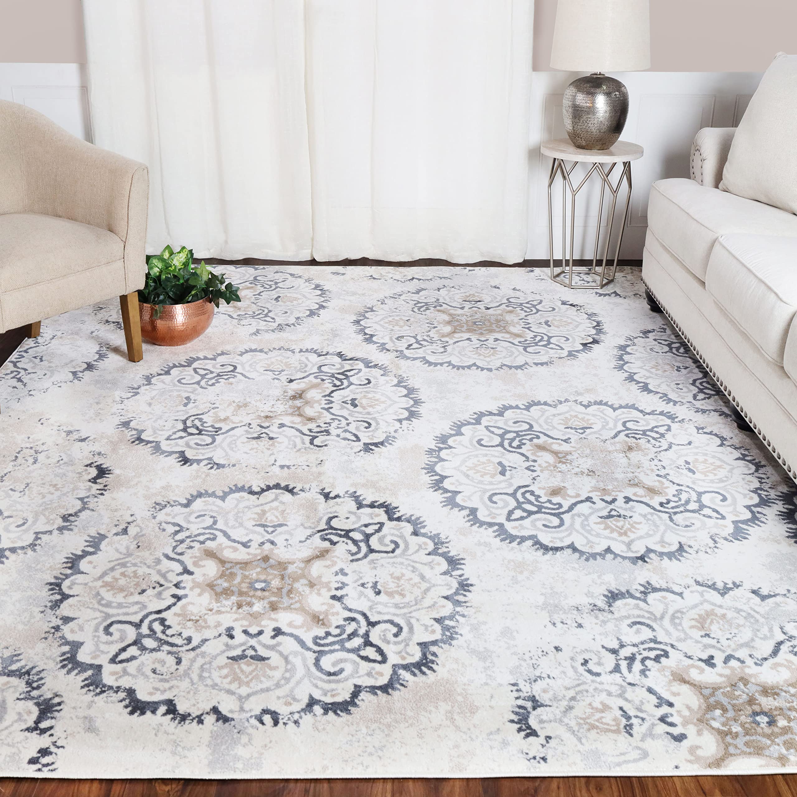 SUPERIOR Esperanza Modern Distressed Medallion Indoor Area Rug, Ivory, 8' x 10'