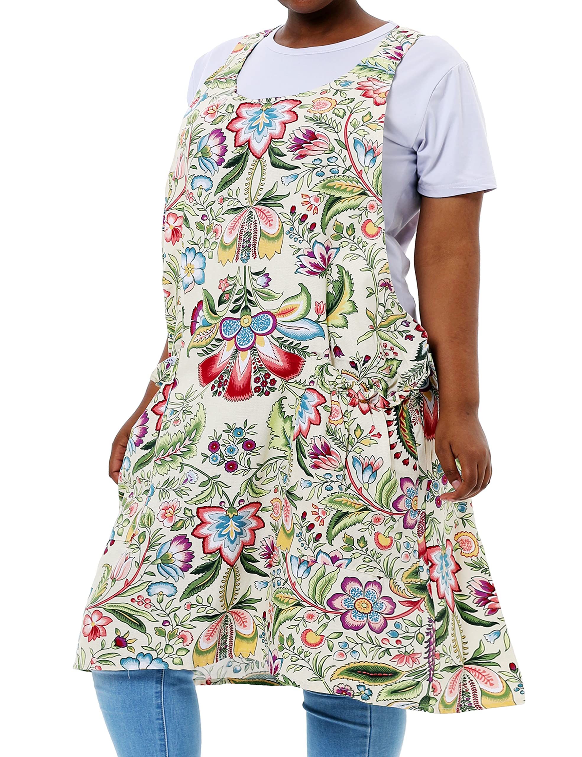 APRONNER Big Plus Size Aprons for Women with Pockets Cotton Linen Baking Kitchen Cooking, Yellow Flowers, Large