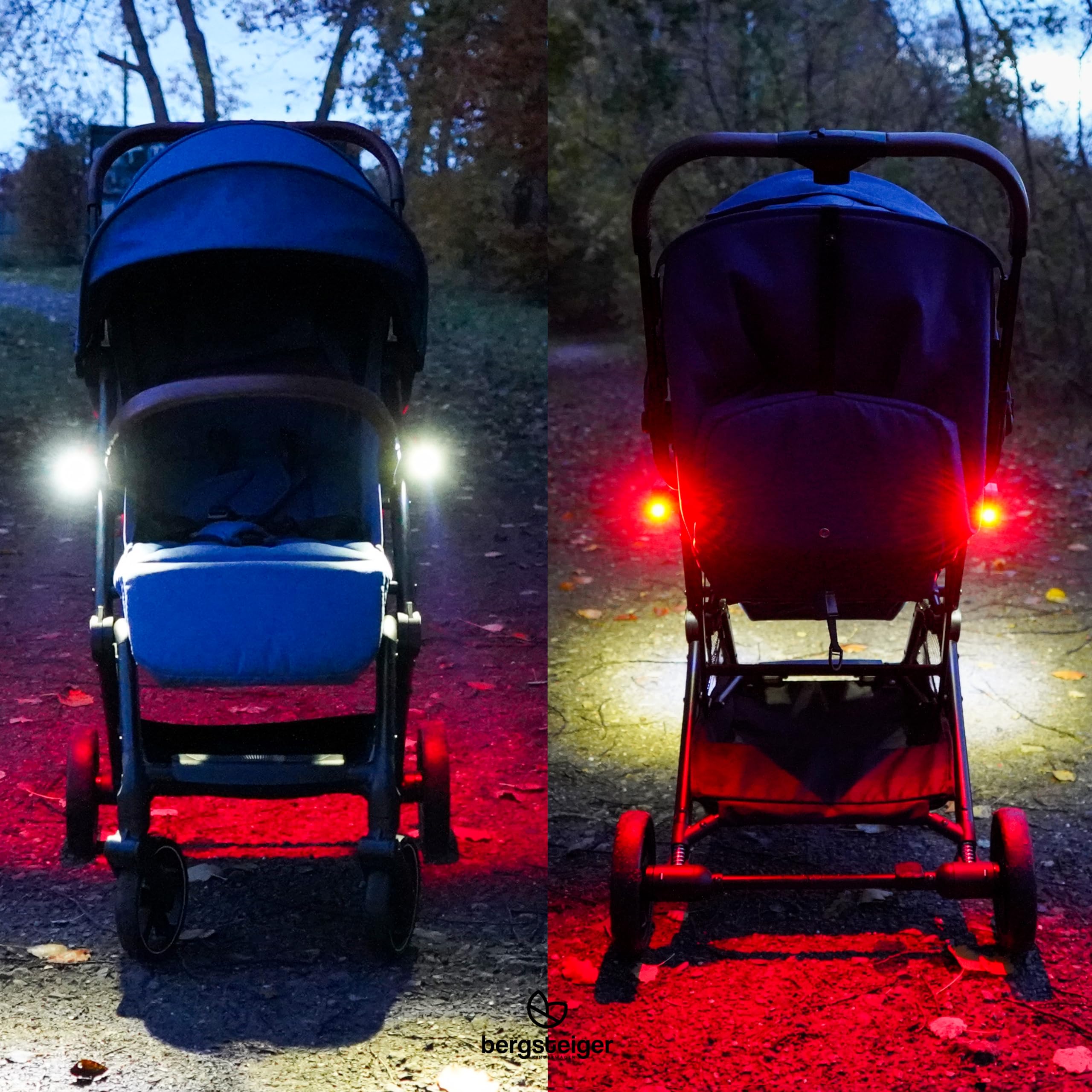 Bergsteiger Kinderwagen Licht aufladbar, USB Akku-Betrieb, 2 LED Kinderwagenlicht wiederaufladbar, Beleuchtung passend für Kinderwagen, Buggy, Kinderanhänger, Fahrradanhänger, UVM.