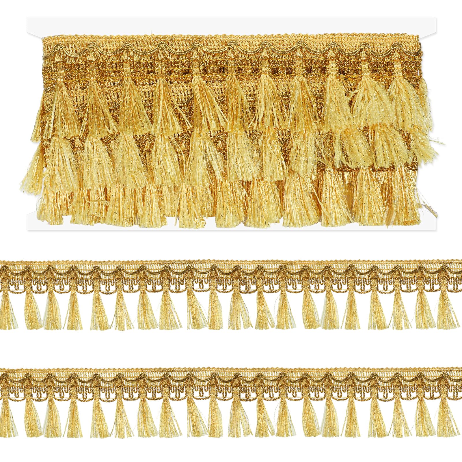 Apojgitn 6 Yards Gold Fringe Tassel Trim, 2.17” Polyester Nylon Gold Trim for Sewing, Tassel Fabric Ribbon for Curtain Embellishments, Fabric Lace for DIY Crafts Home Decor Supplies