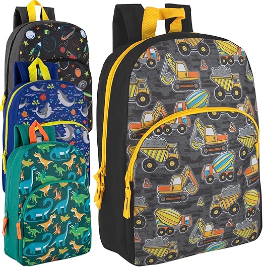 Trail maker Wholesale Kids Backpacks for Boys, Girls Bulk Backpacks 24 Pack with Fun Patterns, Adjustable Padded Straps