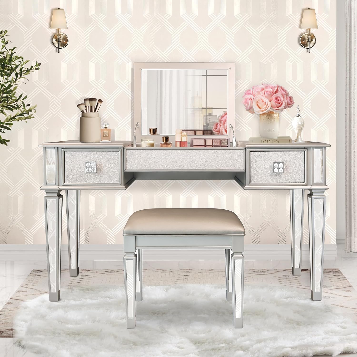 OneBlis Silver Makeup Vanity Set 54" W Makeup Vanity Desk