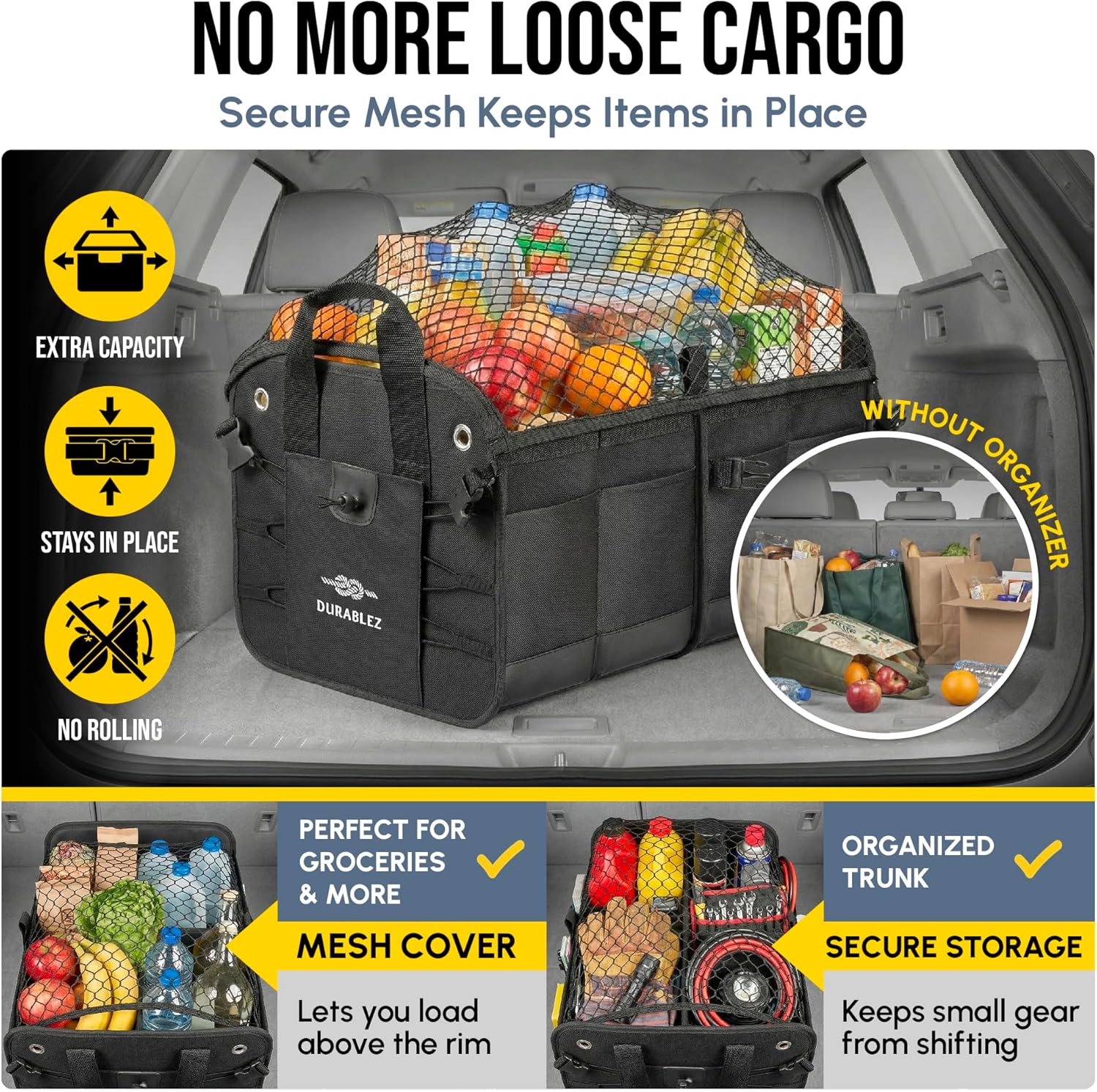 2-Section Trunk Organizer Foldable Car Storage Bin – Compact Dual-Compartment Auto Organizer with Cover Net, Non-Slip Pads, Heavy Duty Oxford 1680D – Black