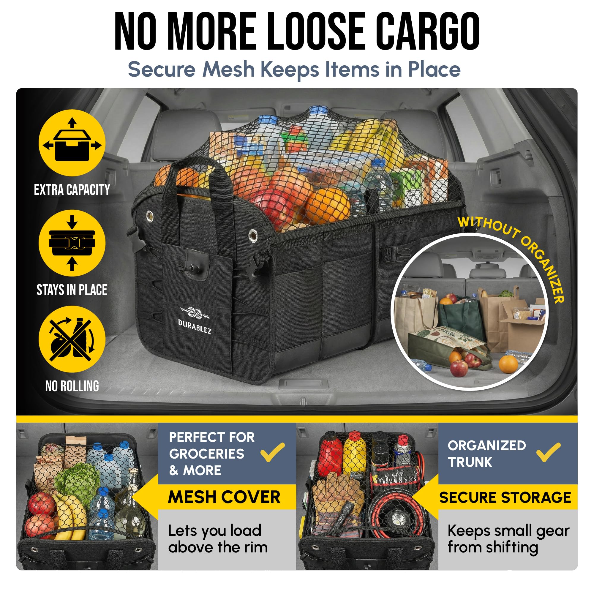 Organizador de maletero de coche, plegable, con red de cobertura, separadores extraíbles, almohadillas antideslizantes acoplables, correas de montaje y ganchos inoxidables, para SUV, camión, sedán,