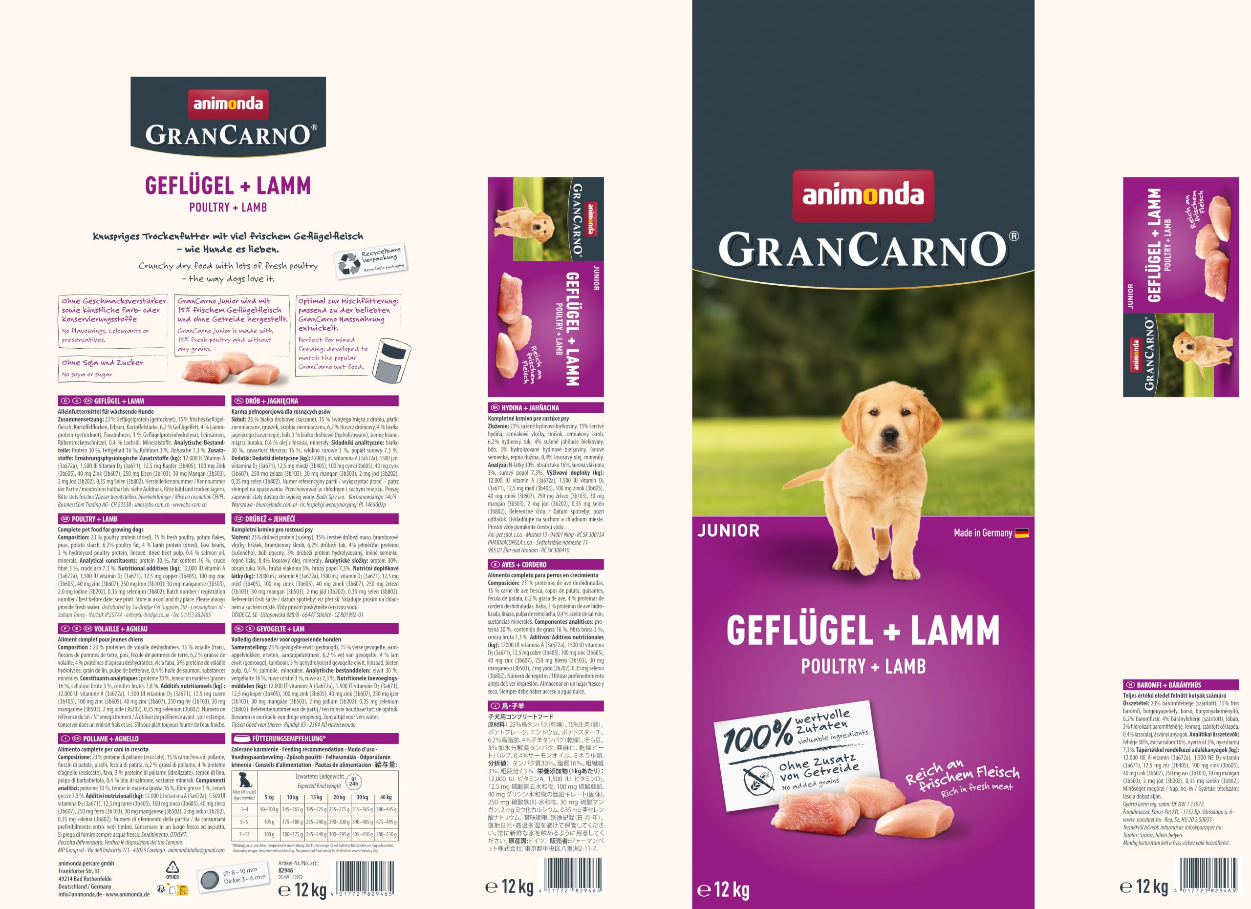GranCarno Alimento seco Junior Aves de Corral + Cordero (1 x 12 kg), pienso Premium sin Cereales para Perros jóvenes en Crecimiento de animonda