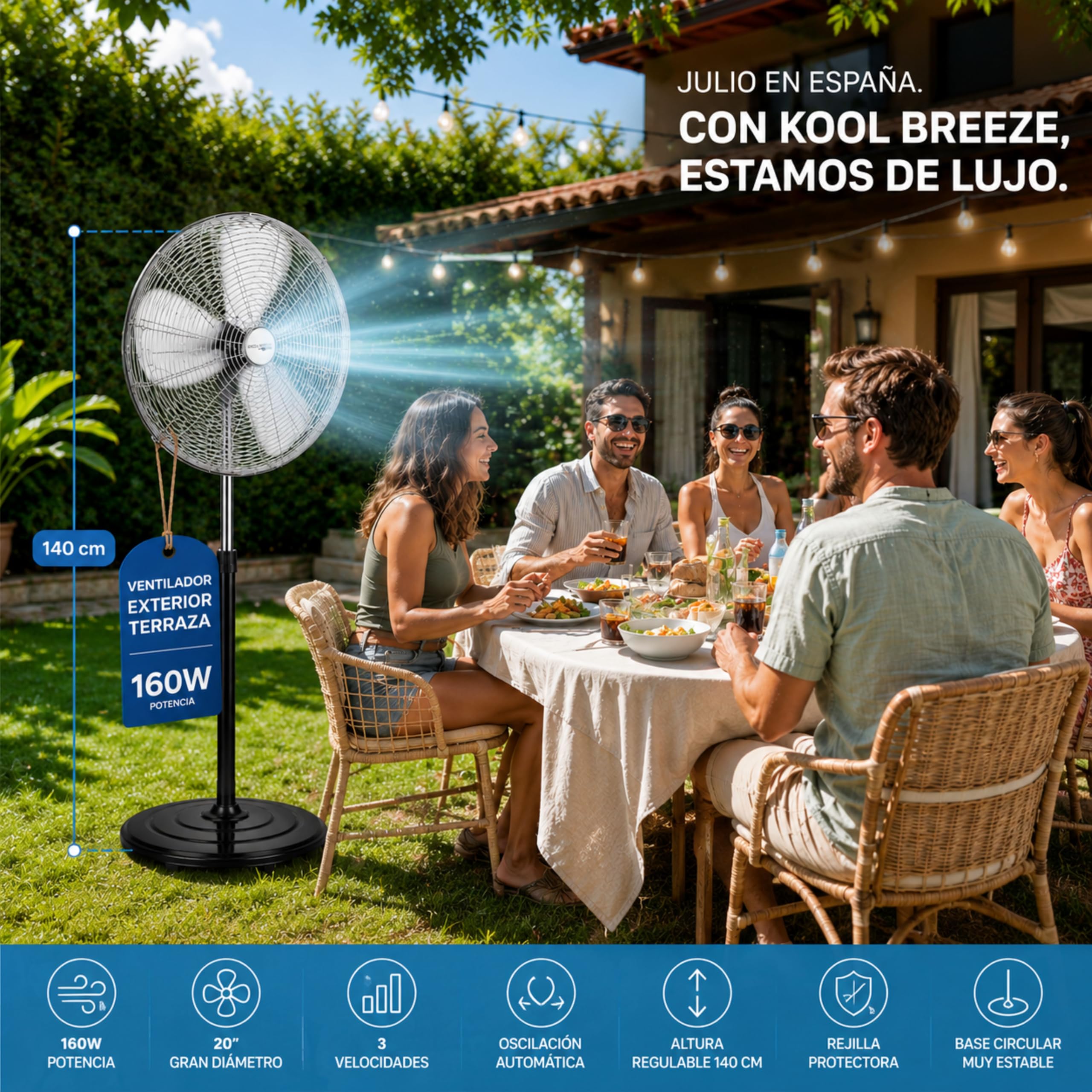 Ventilador Industrial Potente y Ultra Frío 160W 20", Ventilador Pie 142cm Oscilante 3 Velocidades, Ventiladores de Pie, Ventilador Exterior Terraza o Interior, Ideal Gimnasios, Restaurantes, Comercios