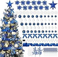 Vista 10 de Poen 108 piezas de adornos para árbol de Navidad, incluyendo bola de Navidad, purpurina, flores de Pascua, lazos, bayas, tallos, hojas, copos
