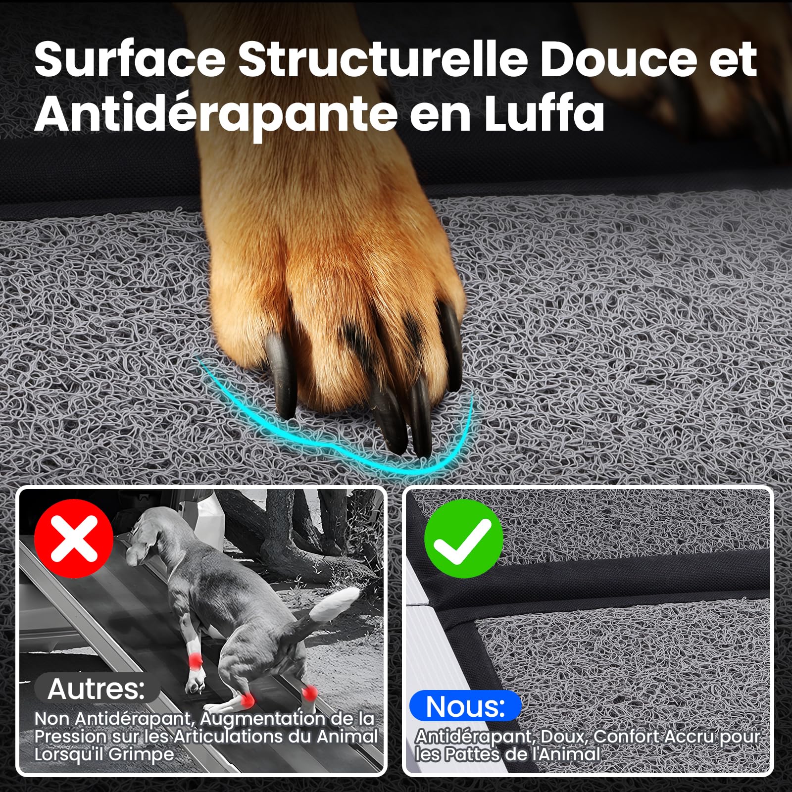 Rampe de Voiture Pliable pour Chien 170 x 44cm, Rampe Portable d'Accès Chien avec Surface Antidérapante, Cadre en Aluminium, Dog Ramp pour Camion Lit Voiture SUV, Légère et Facile à Ranger