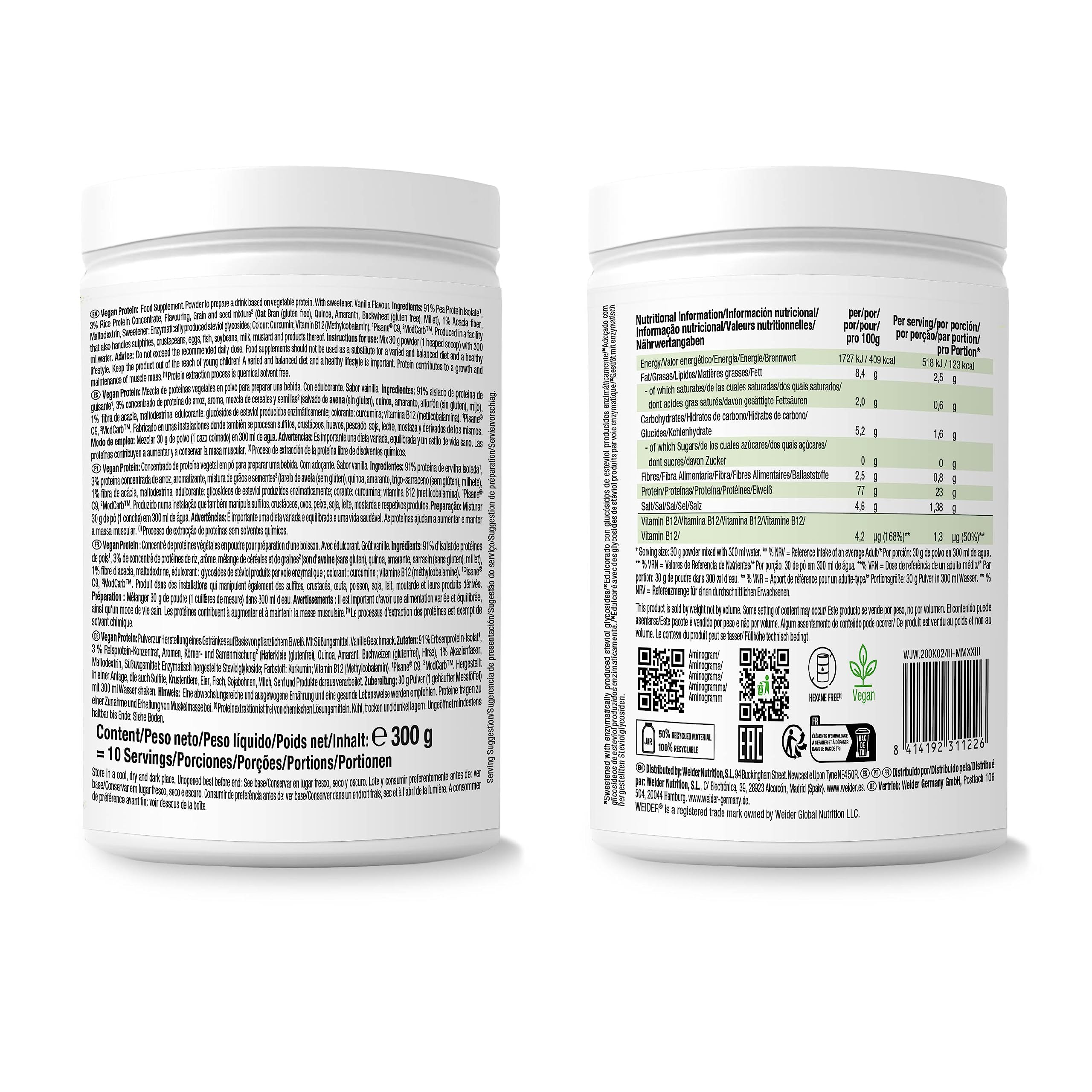 Weider Vegan Protein PACK DUO (2x300g) Sabor Vainilla+Chocolate. Proteína 100% Vegetal Guisantes (Pisane) y Arroz. Con Vitamina B12 y Fibra de Acacia. Sin Gluten, Sin Azúcar. Bote 50% Reciclado.