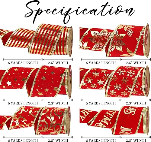 Miniatura 2 de MEEDEE - Cintas de Navidad de 2.5 pulgadas, 6 rollos, 36 yardas en total, terciopelo rojo con alambre dorado, para decoración de árbol de Navidad,