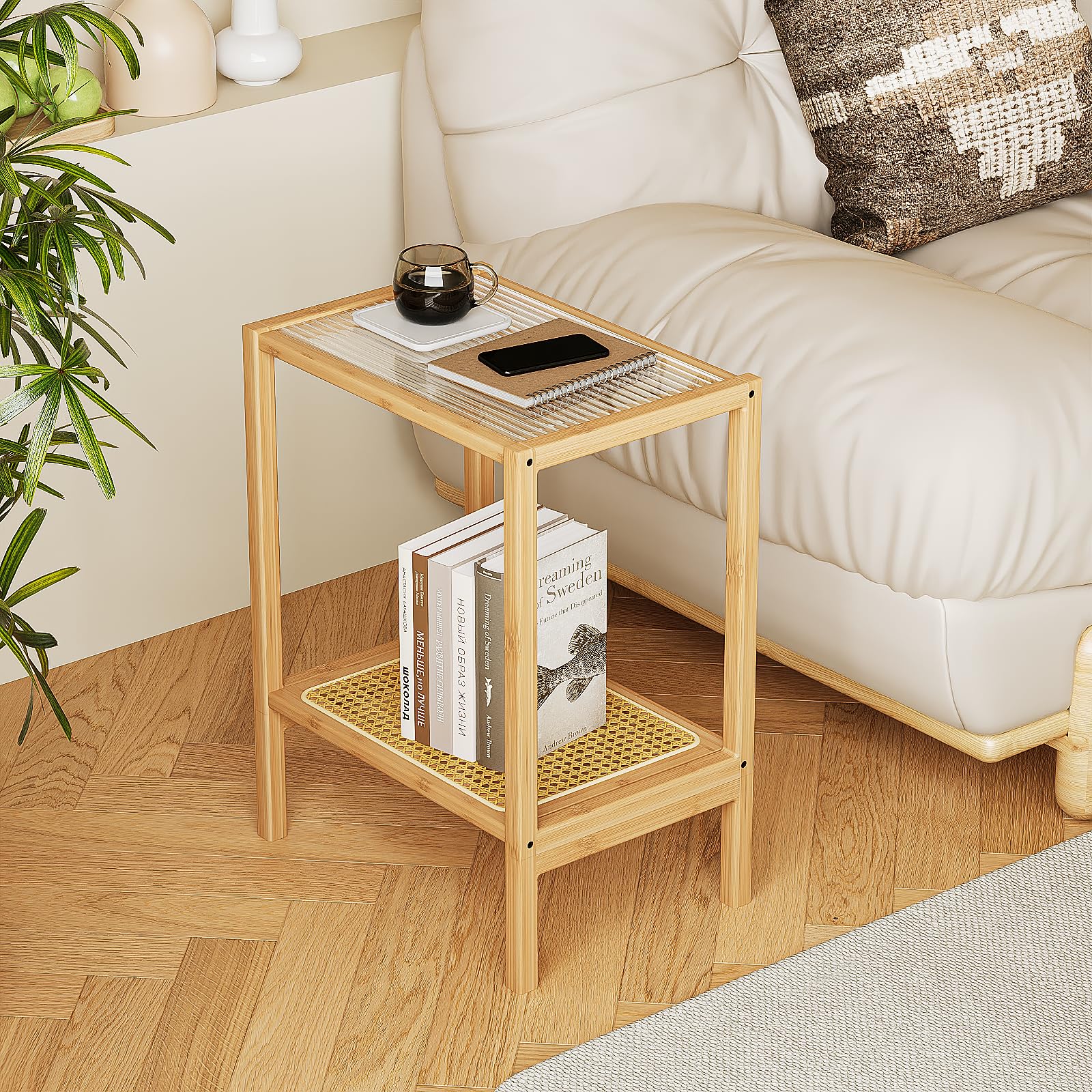 Bamworld Beistelltisch Natur Rattan Nachttisch Glas Beistelltisch 2-stckig  mit Stauraum Boho Nachttisch fr kleine Rume Bambus Couchtisch fr  Schlafzimmer Wohnzimmer : Amazon.de: Kche, Haushalt & Wohnen