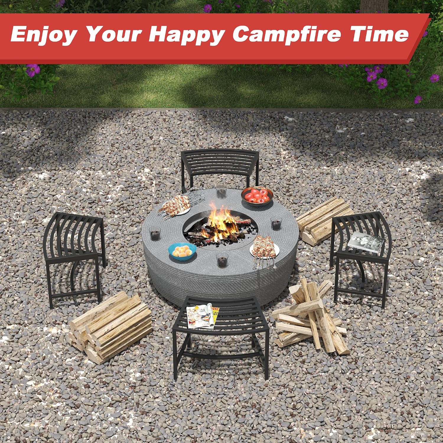 Metal Curved Fire Pit Bench Set of 4, Outdoor Fire Pit Seating, Coated Black Metal Outside Bench, Steel Backless Fire Pit Bench for Garden, Patio, Porch, Backyard