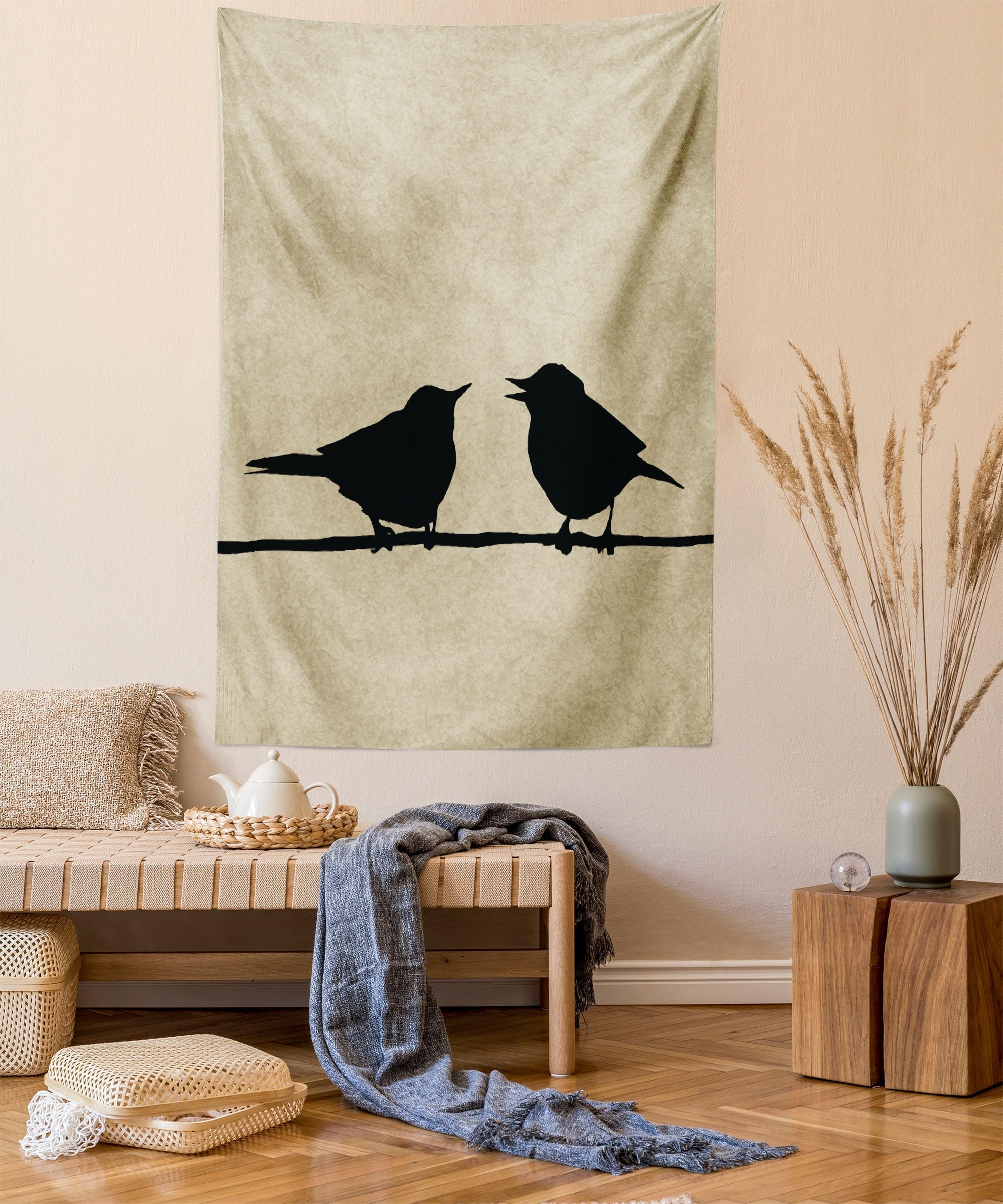 Lunarable Birds Tapestry, Grunge Worn Out Background with Bird Silhouettes on a Wire Urban Animal Scenery, Fabric Wall Hanging Decor for Bedroom