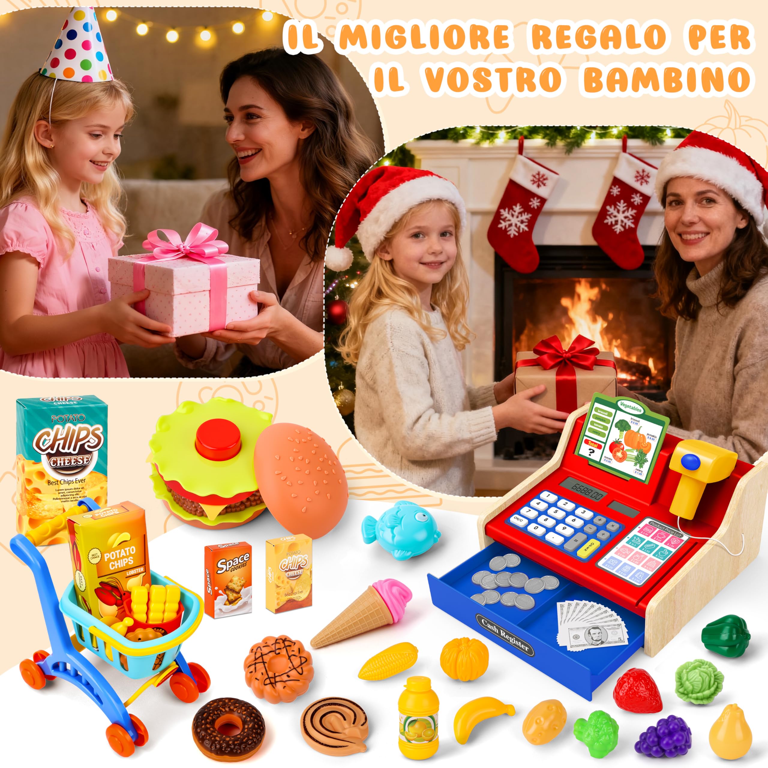 MOMOSTAR Cassa Giocattolo per Bambini, Registratore di Cassa Giocattolo con Scanner Calcolatrice, Supermercato Giocattolo con 66 Accessori, Cassa Giochi d'Imitazione Regalo per Bambini 3 4 5 6 Anni