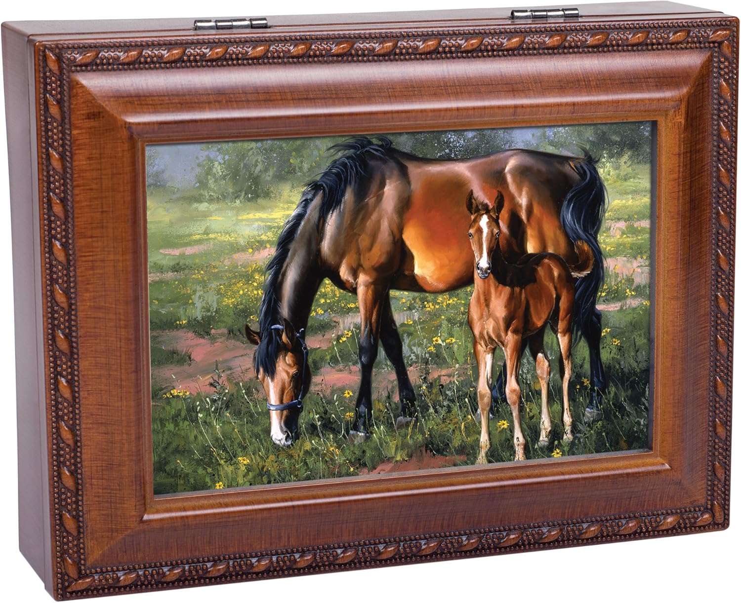 Cottage Garden Horses Brown Mare Black Mane Colt Woodgrain Rope Trim Music Box Plays Wonderful World
