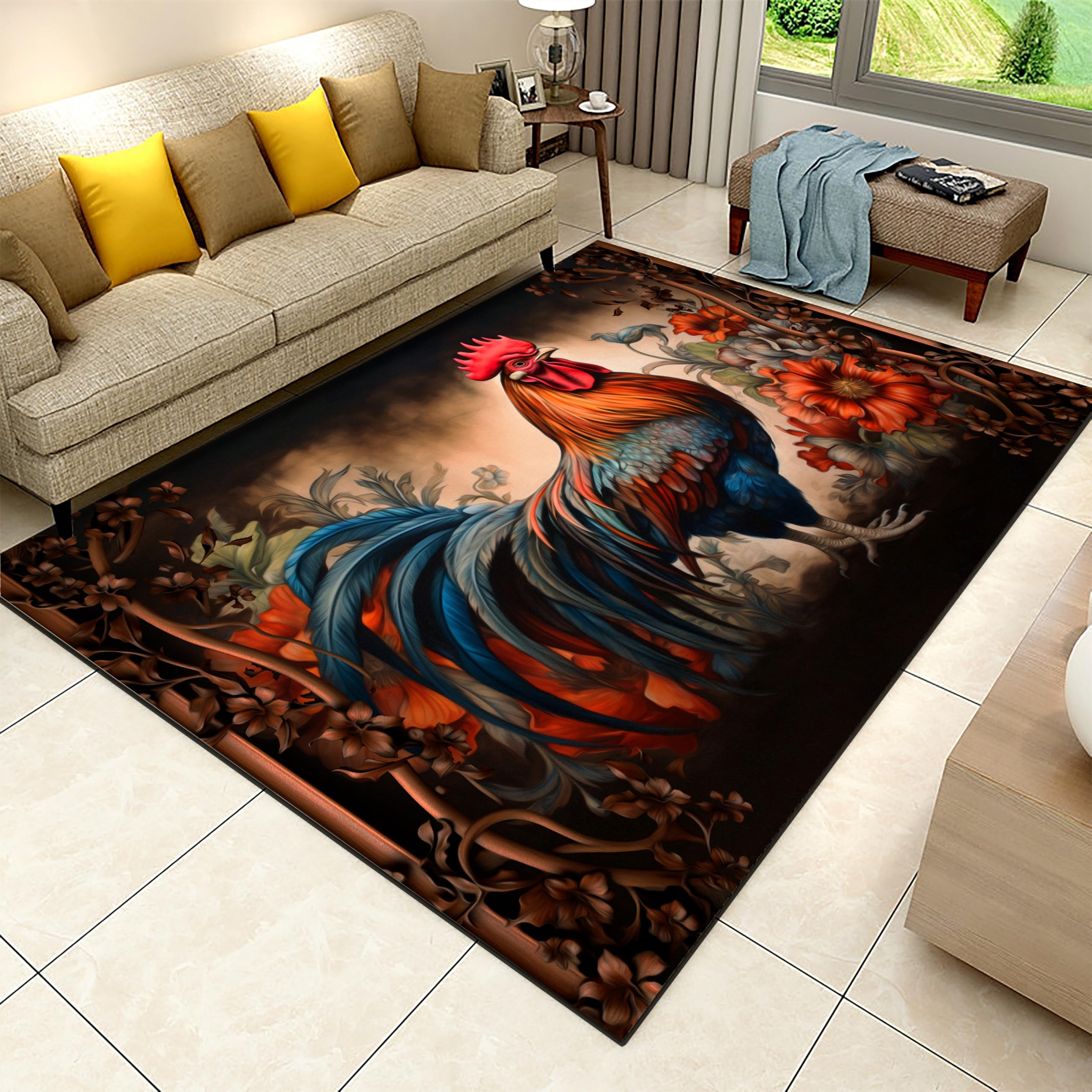 Rooster Oil Painting Living Room Rug, 4x5ft, Modern Art Rooster Floral Entryway Rugs, Durable Home Decor Soft Washable Carpets, Absorbent Thin