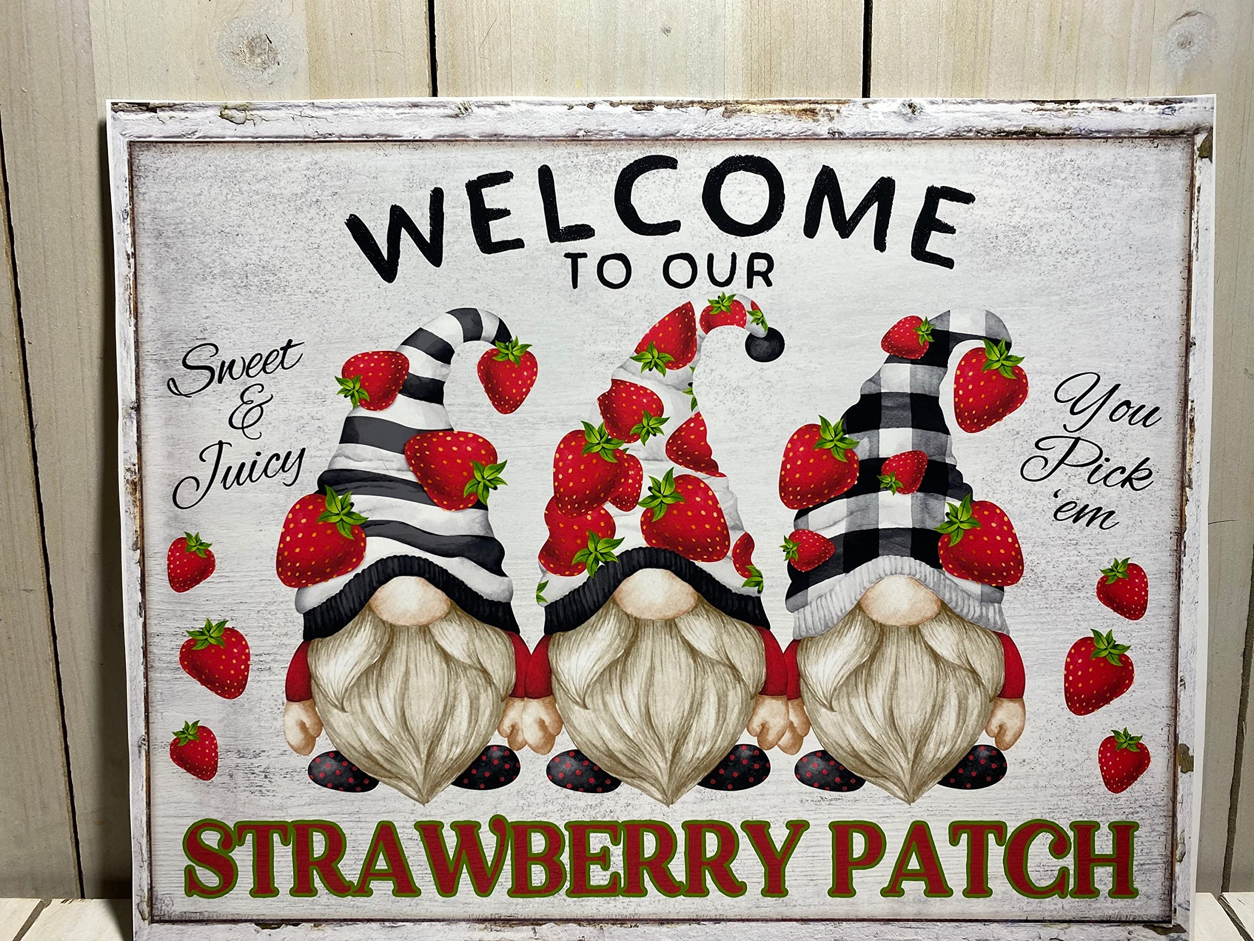 Strawberry Gnome Sign, Strawberry Patch Wall Decor, Welcome to Our Strawberry Patch Sign Imitation wooden sign Art Wall Decor Summertime metal tin sign 8x12 Inch