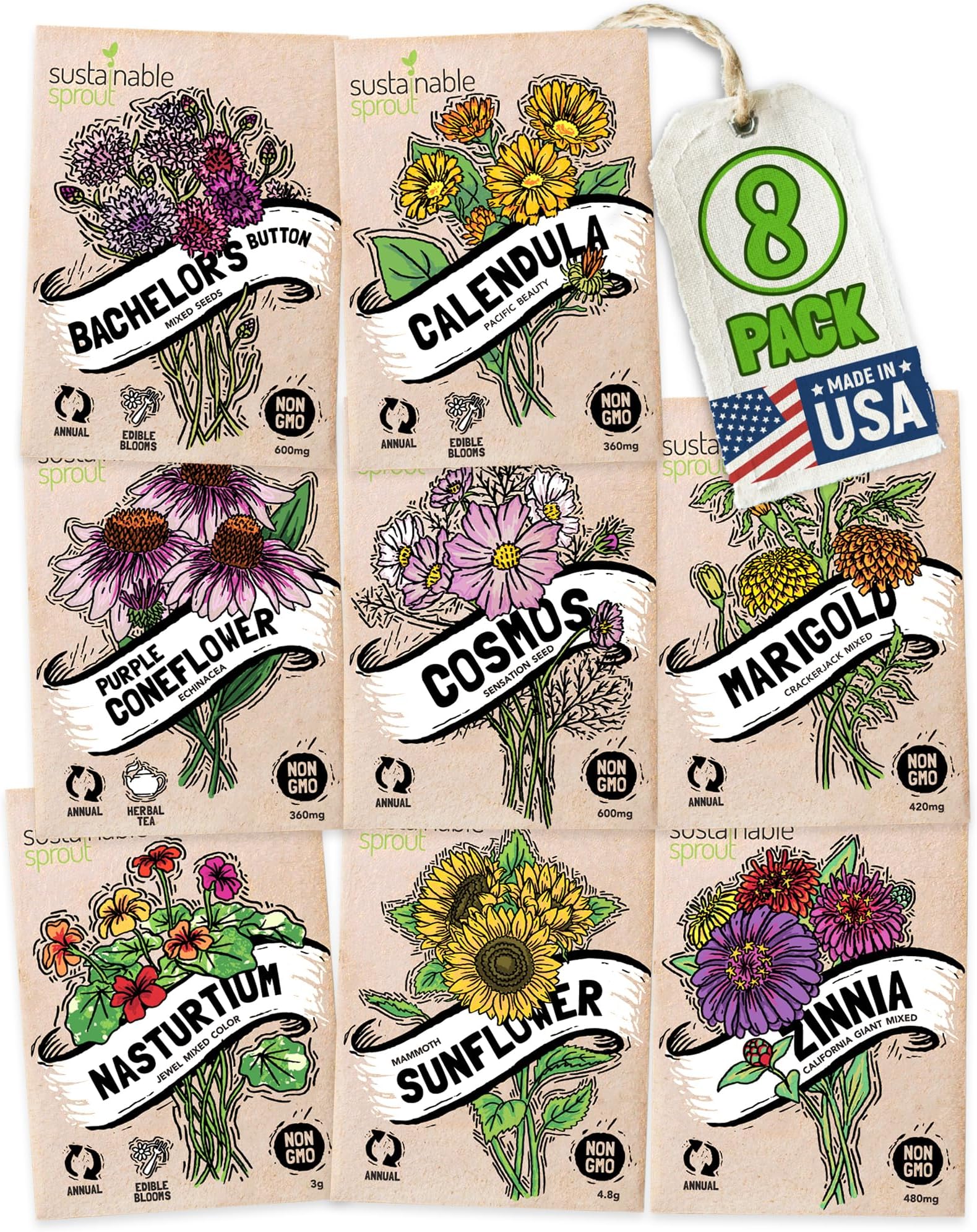 Seeds for Planting Flowers: 8 Bulk Variety Packets Zinnia, Nasturtium, Marigold, Purple Coneflower, Cosmos, Calendula, Bachelor's Button & Sunflower Seeds, Non GMO Flower Seed by Sustainable Sprout