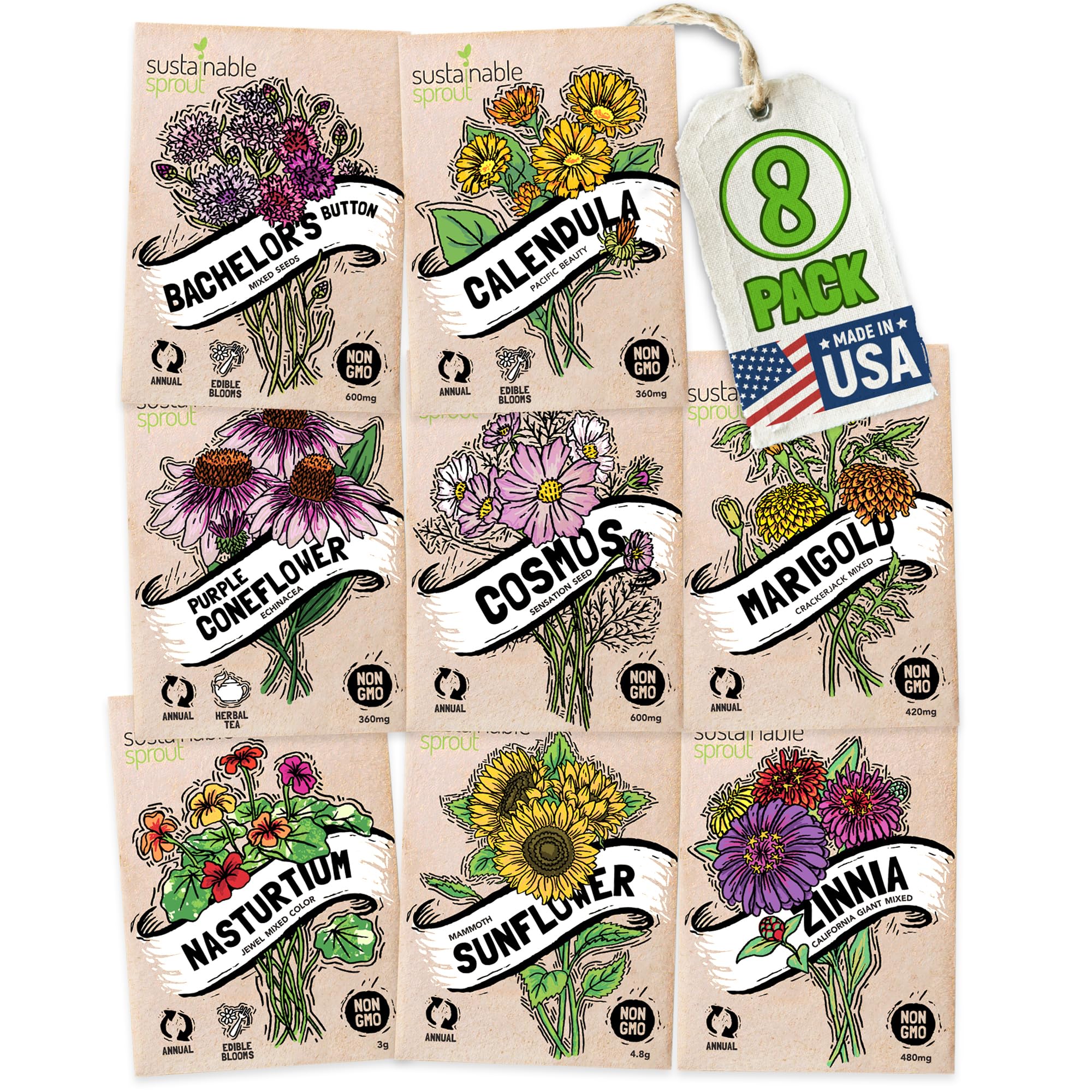 Seeds for Planting Flowers: 8 Bulk Variety Packets Zinnia, Nasturtium, Marigold, Purple Coneflower, Cosmos, Calendula, Bachelor's Button & Sunflower Seeds, Non GMO Flower Seed by Sustainable Sprout
