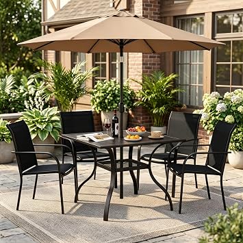 Crownland 5 Piece Patio Dining Set, Textilene Dining Sets, 4 Textilene Metal Chairs and Square Outdoor Dining Table with Khaki 9FT Round Outdoor Umbrella Black