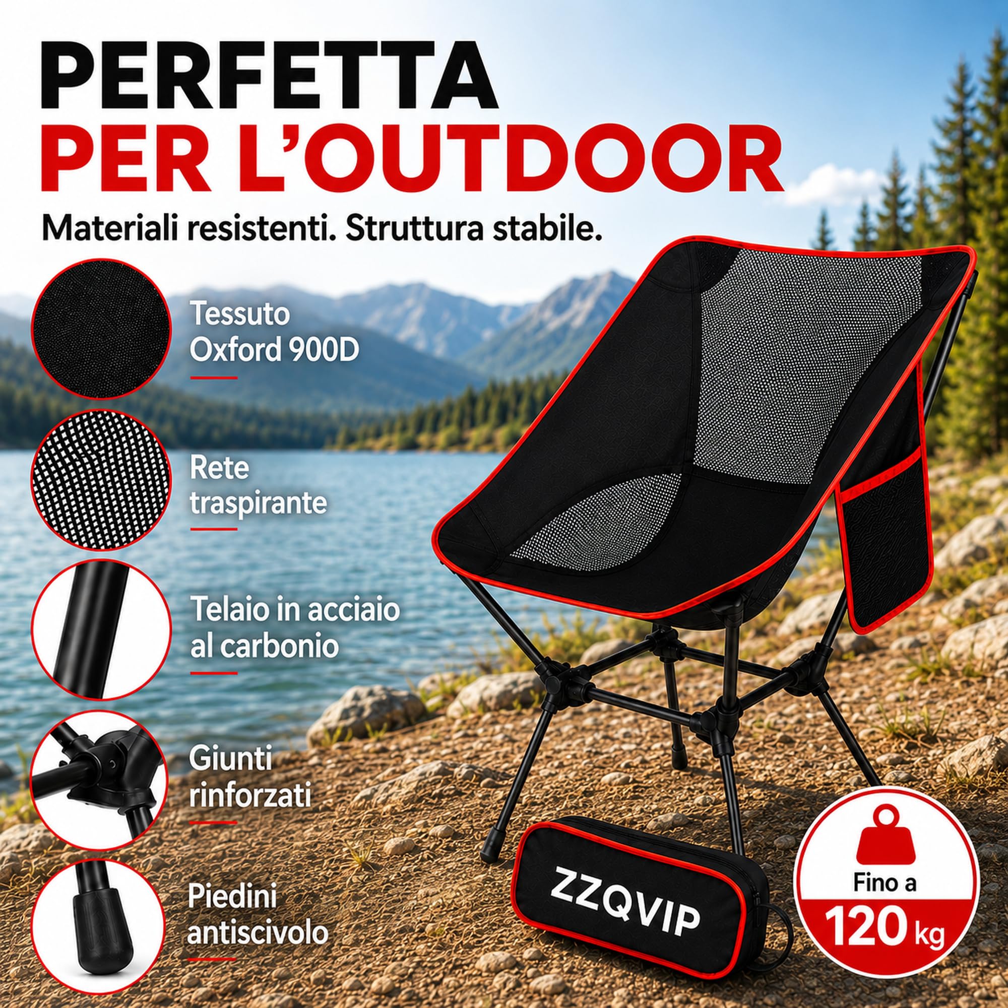 Sedia Campeggio Pieghevole Leggera, Moon Chair Portatile in Oxford 600D fino a 150 kg con Borsa e Tasca Laterale, per Spiaggia Pesca Picnic Giardino Esterno Viaggio