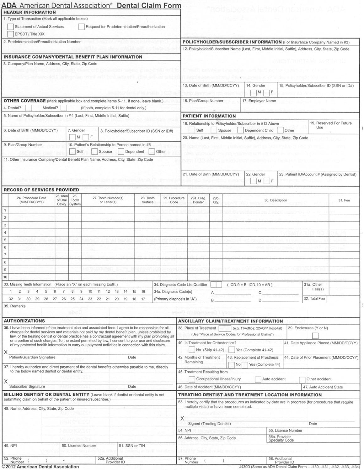 ADA Dental Claim Form (2012 Version), 2Part Continuous Amazon.ca