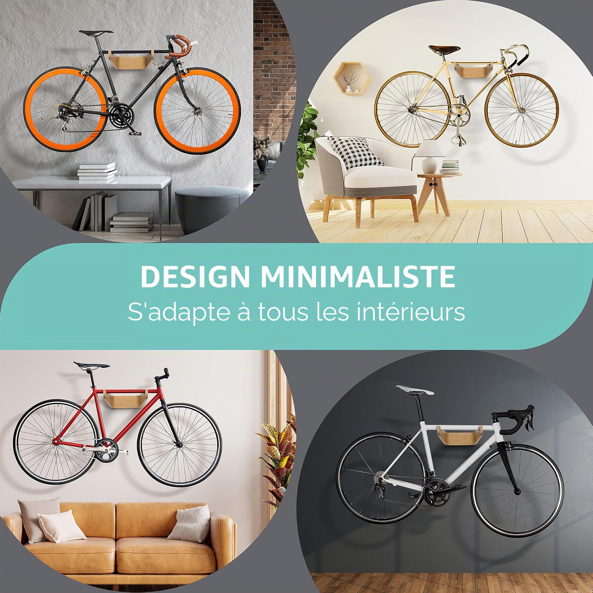 Support mural pour vélo en bois - FlyBike M Chêne - Support mural de vélo design pour appartement - Pour vélo de course, vélo de gravel, vélo de montagne, fixie, vélo singlespeed