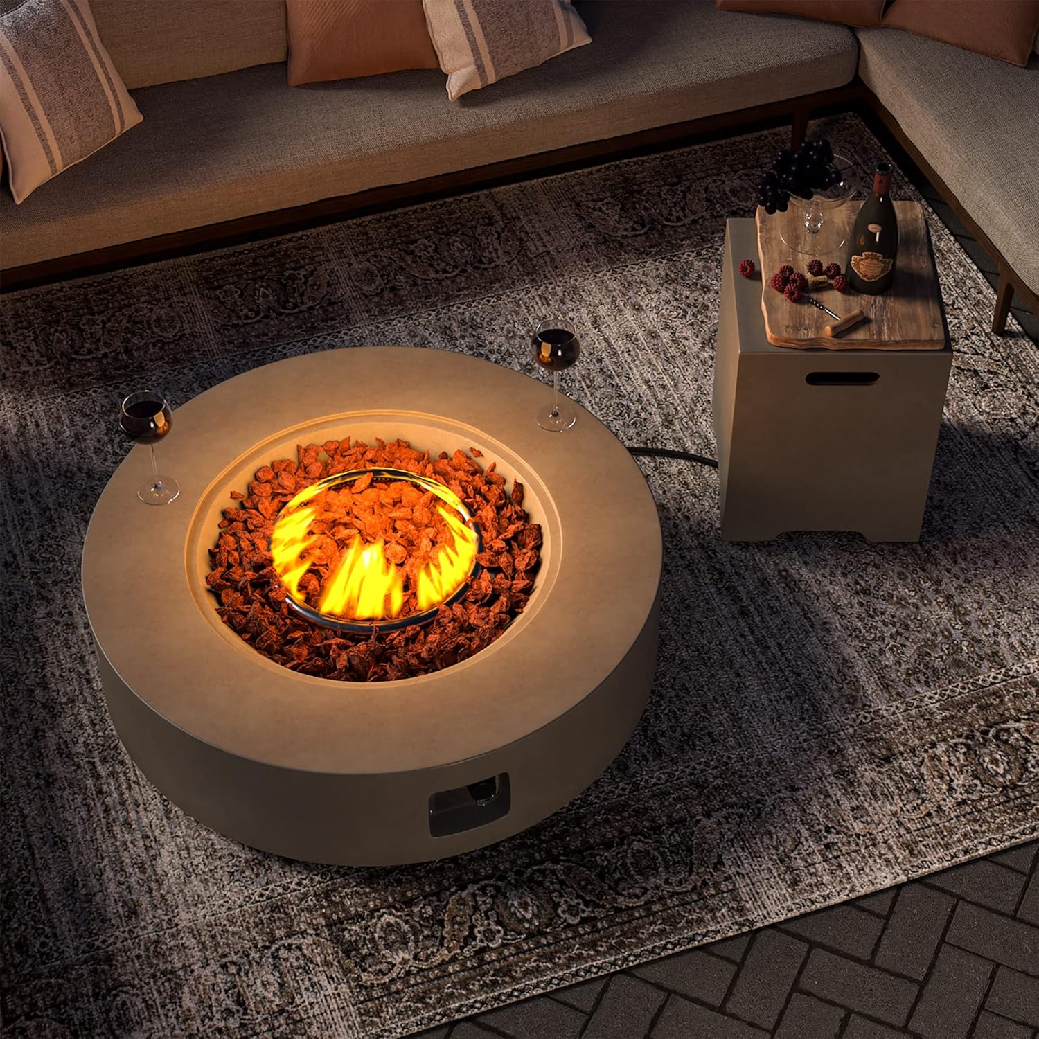 SUNBURY Outdoor 42 Inch Propane Fire Pit Table, Circular Gray Patio Fire Table 50,000 BTU w 20 lbs Tank Cover, Waterproof Cover, Free Lava Rocks