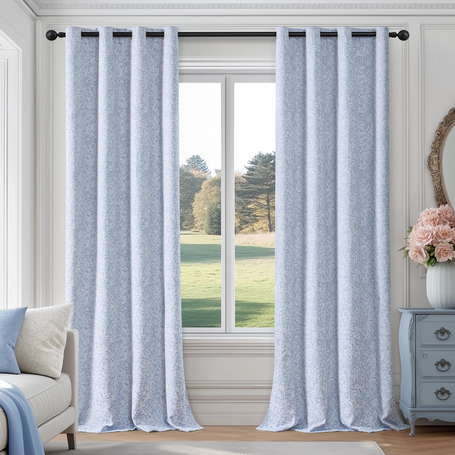 Metro Parlor Light Blue Floral Jacquard Blackout Curtains 84 Inches Long for Bedroom,Chenille Pattern Vintage Flower Curtains for Living Room Darkening Thermal Insulated Grommet Window Drapes,2 Panels