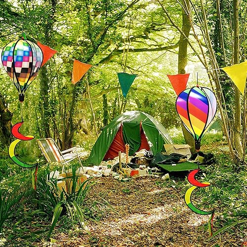 Miniatura 6 de timecity 3 piezas de globo de aire caliente Spinner de viento Rainbow Garden Pinwheels Whirligigs Molino de viento Molino de viento rayado arco iris