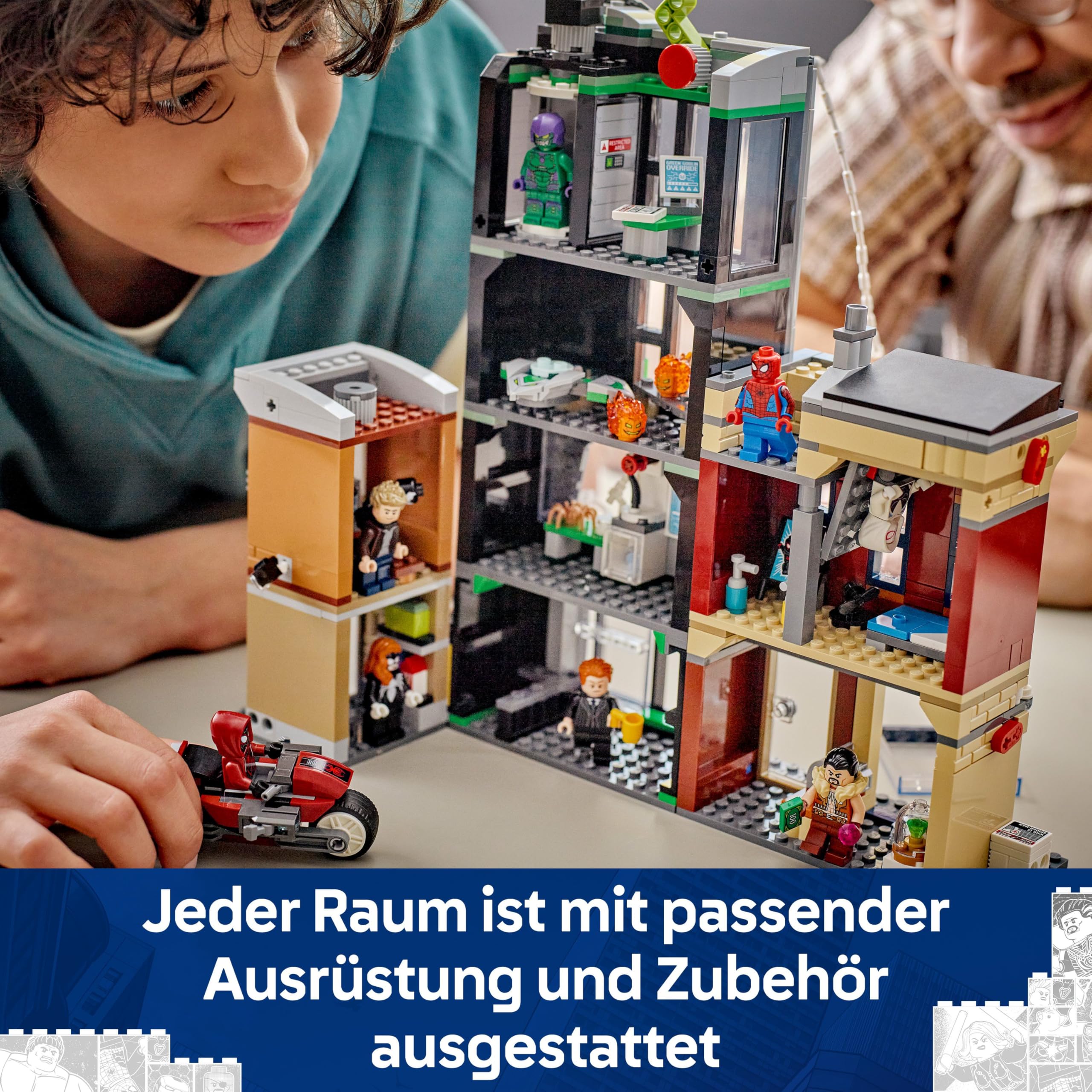 LEGO ǀ Marvel Spider-Man vs. Oscorp - Bauset zum Sammeln für Kinder mit 8 Minifiguren, darunter auch Spider-Woman, Miles Morales, Ghost Spider und Green Goblin - Geschenk ab 10 Jahren - 76324