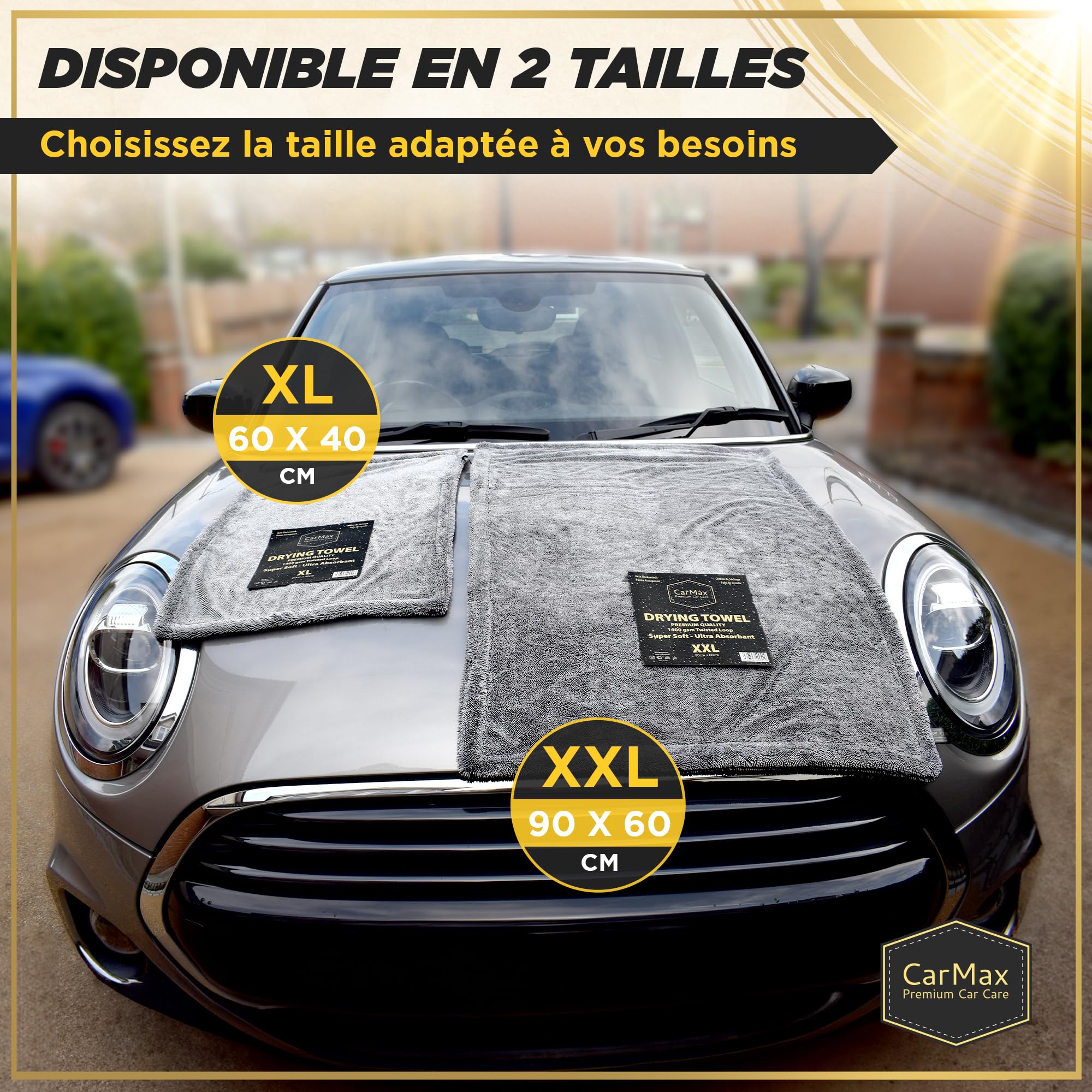 CarMax® - Serviette de Séchage Voiture en Microfibre Twisted Loop – Haute Absorption – Séchage sans Traces – Sûre pour Peinture et Vitres (XXL - 90cm x 60cm)