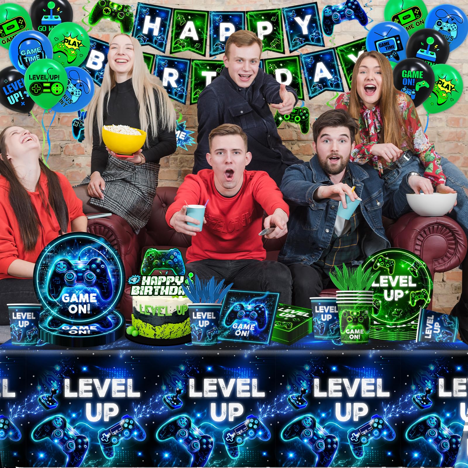 Video Game Birthday Party Decoration - Neon Game Party Tableware Include Plate Napkin Banner Tablecloth Game Level Up Theme Decorations for Boy Gamer Birthday Decor Serves 24