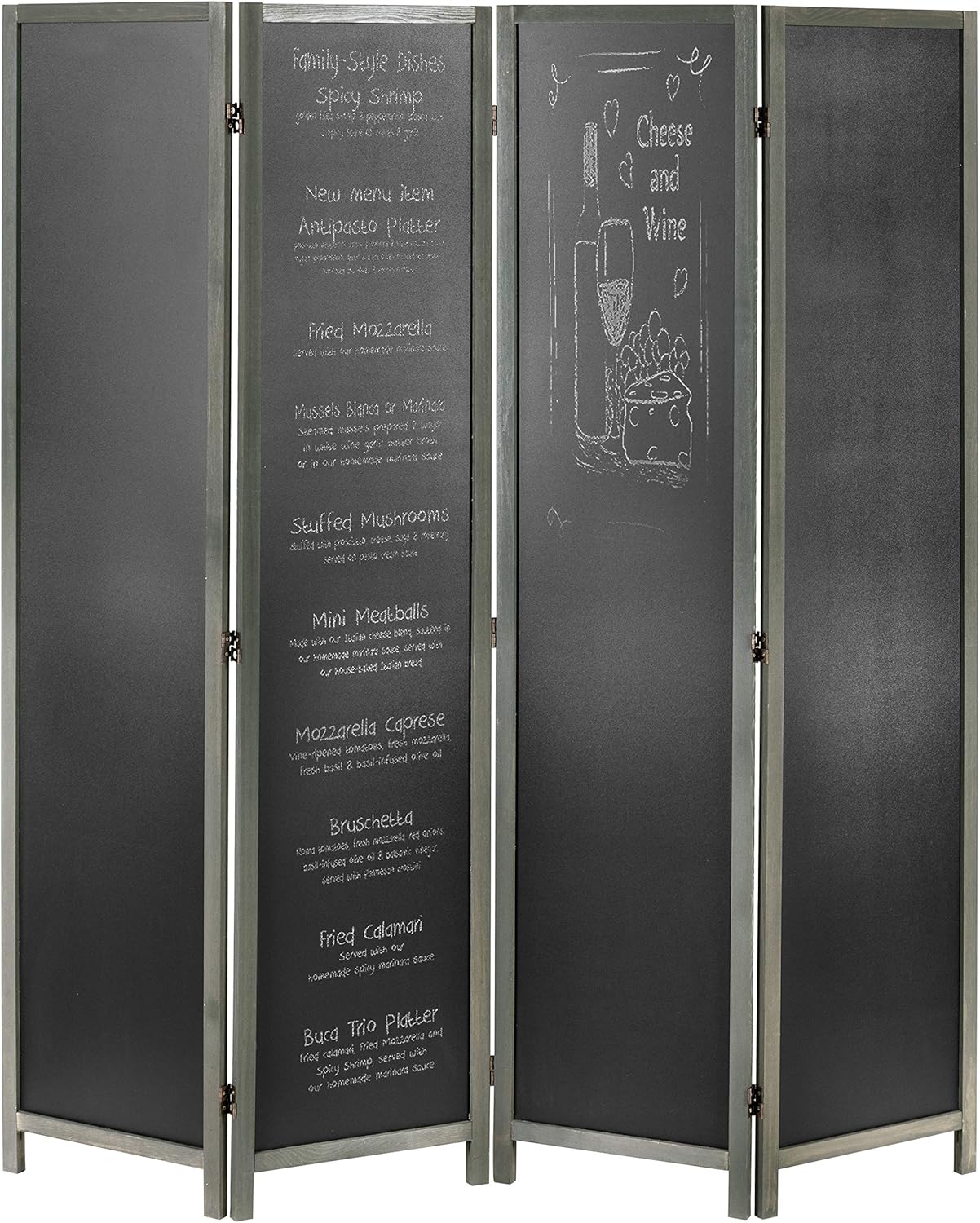 4 Panel Vintage Gray Wood Chalkboard Room Divider, 6FT Folding Writable Privacy Screen 63''W x 70.5''H