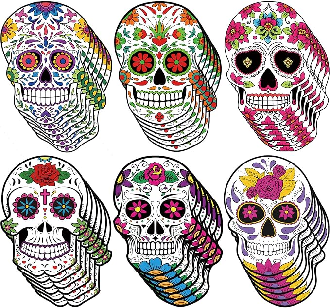 Tenceur 36 Pcs Large Day of The Dead Sugar Skull Cutouts for Dia De Muertos Decoration Sugar Skull Decorations for Mexican Halloween Theme Table Supplies Centerpiece Party Birthday Party Essentials