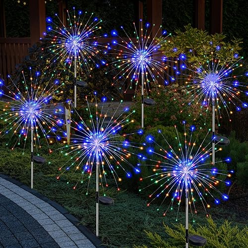 Miniatura 11 de btfarm Paquete de 2 120 luces LED solares de jardín al aire libre, 8 modos de luces de fuegos artificiales, luces de hadas impermeables parpadeantes