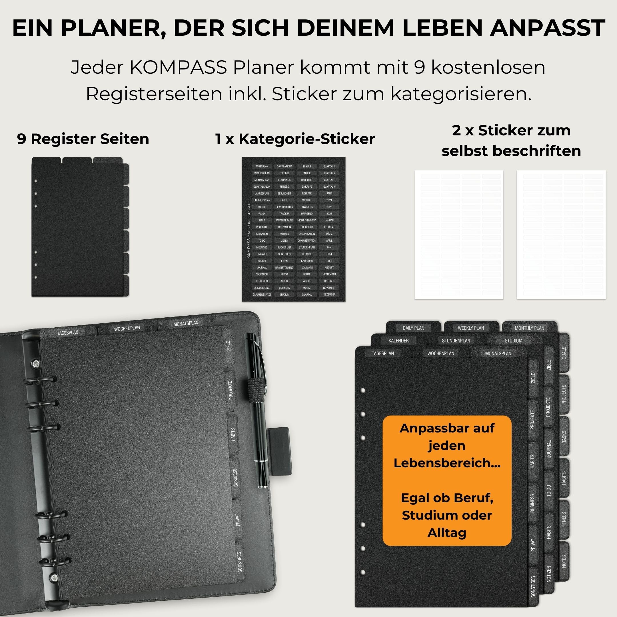 KOMPASS® Ringbuch A5 Nachfüllbar | Stell dir deinen eigenen Planer zusammen | To-Do-Planer, Wochenplaner, Terminplaner, Kalender, Journaling, Bullet Journal (Schwarz, Planer-Set - Starter)