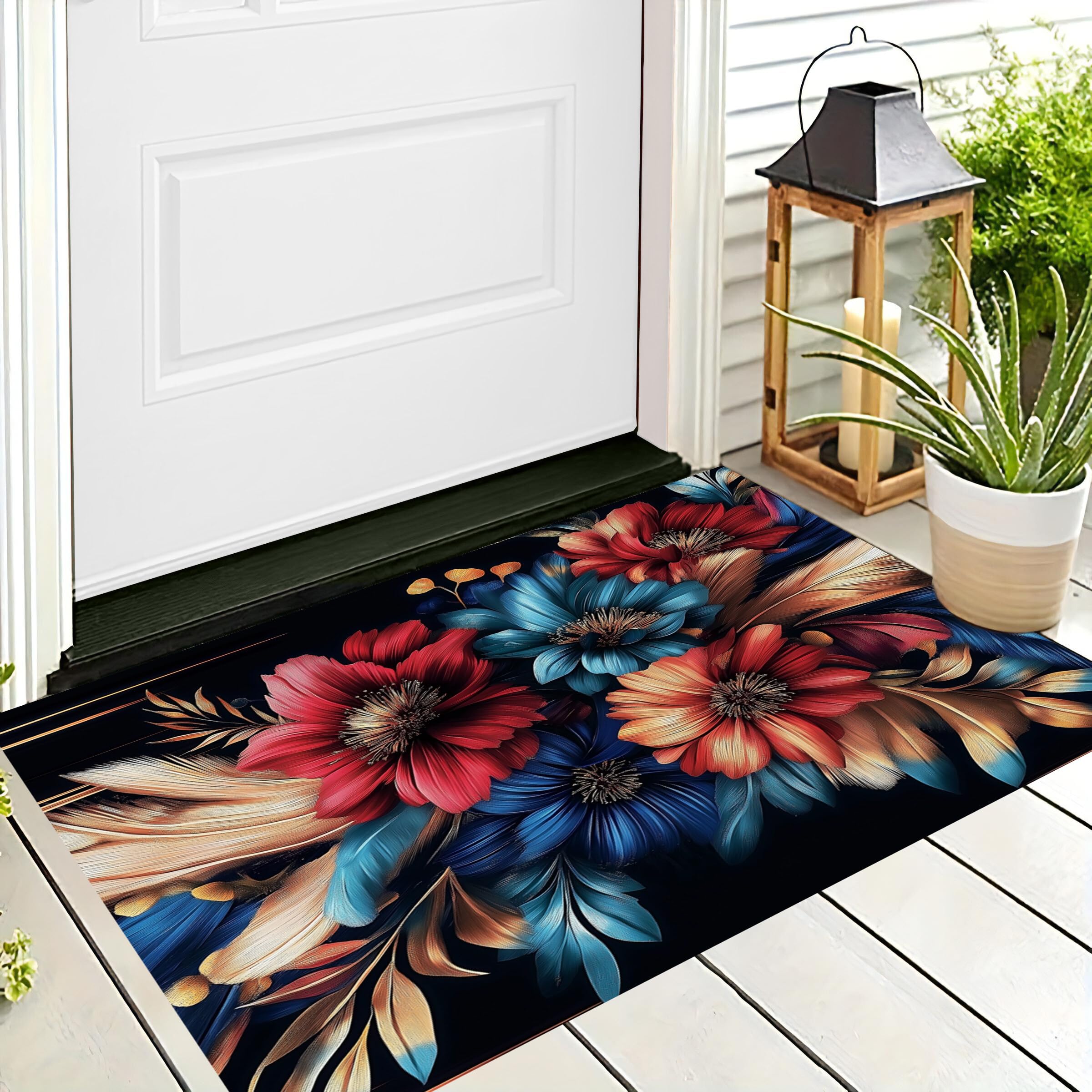 Paillasson d'entrée fleurs bleues rouges 70x100cm antidérapant