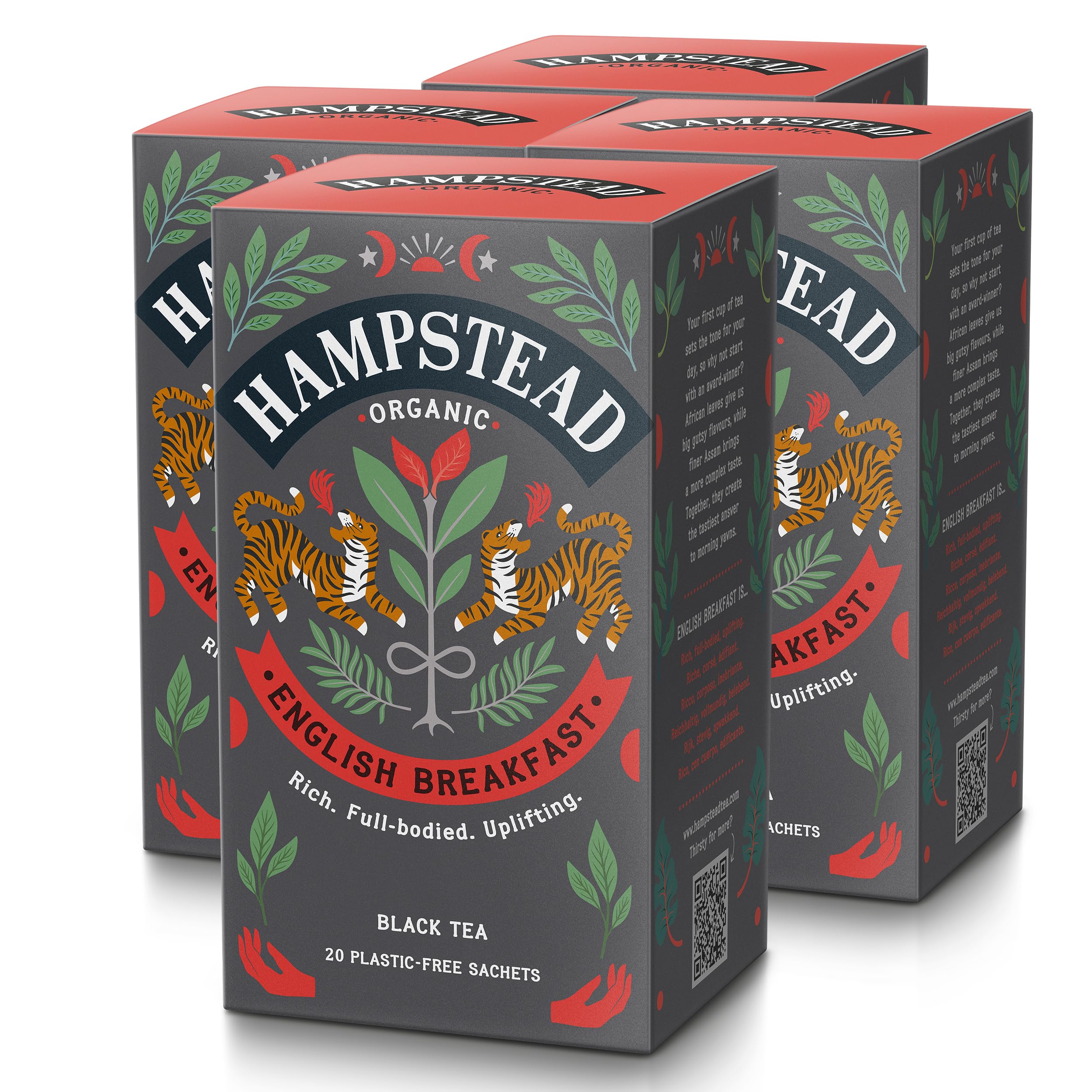 Hampstead Organic English Breakfast Tea Bags (4 Packs of 20), Bold Black Tea Blend with African & Assam Leaves, 100% Organic Brew, Home-Compostable Bags, Ethically Sourced Morning Drink