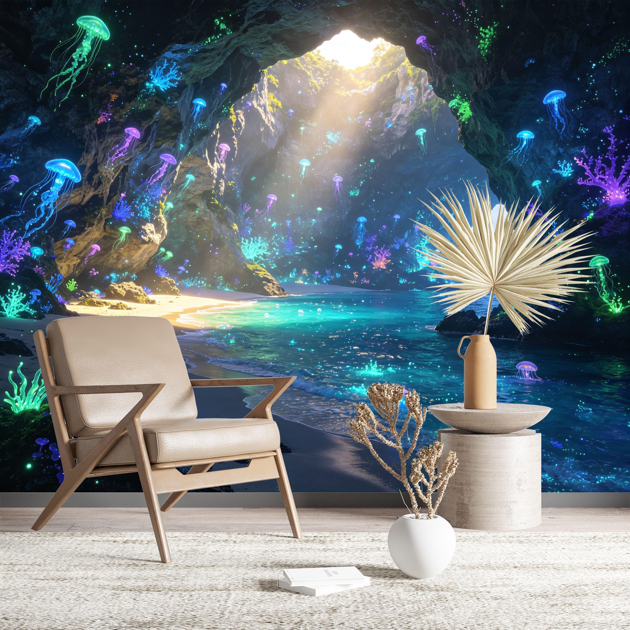 Custom Size Wall Murals Glowing Jellyfish Cave with Neon Coral Reef Vivid Self-Adhesive Wall Fabric (NO PVC) Removable Wallpaper for Living Room Bedroom