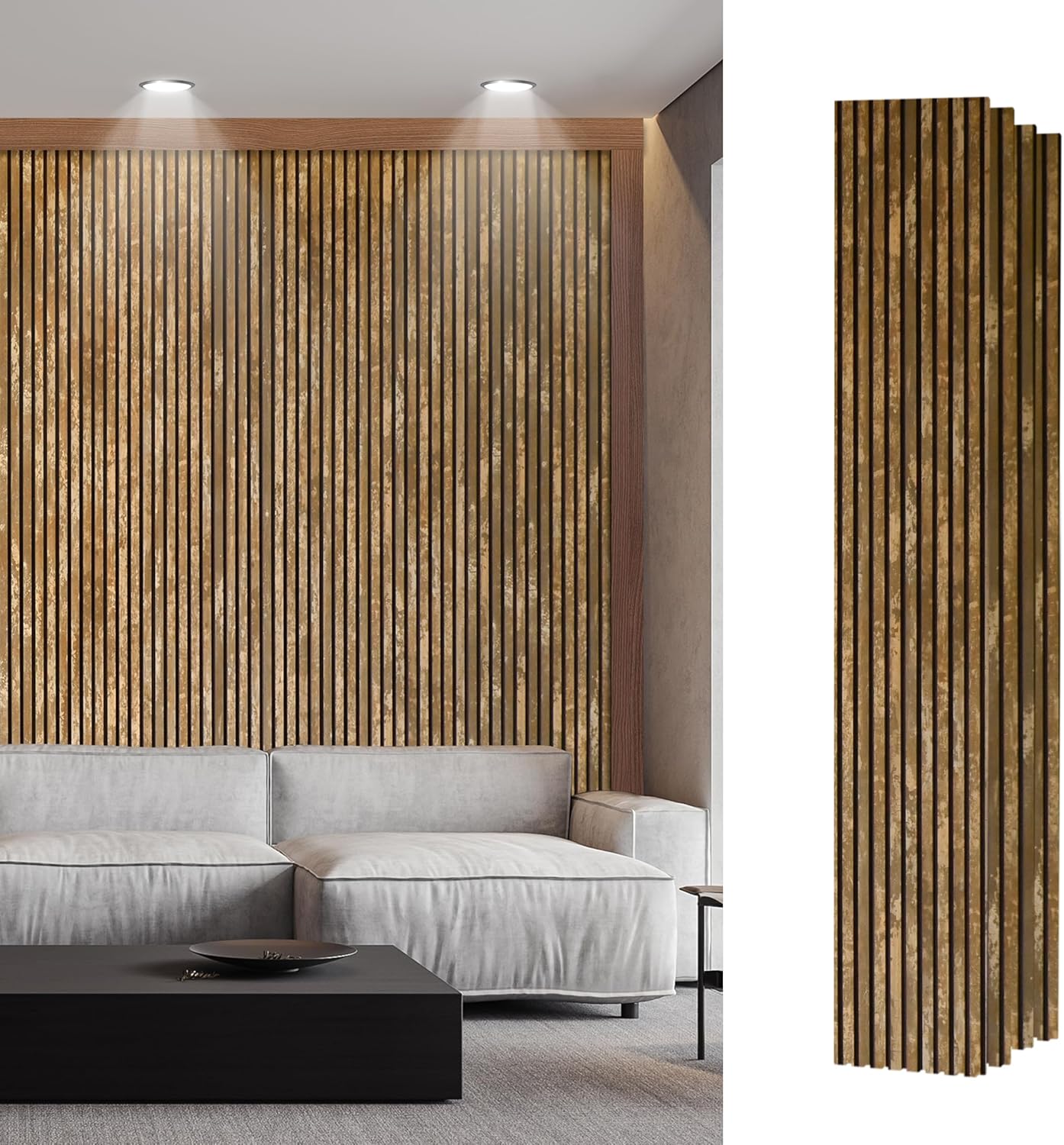 Wood Slat Acoustic Wall Panels for Interior Wall Decor – Vintage Retro Metal-Look Decorative Wall Paneling, Sound Absorbing Panel for Accent Wall, Studio & Home Office (Antique Brass Patina)